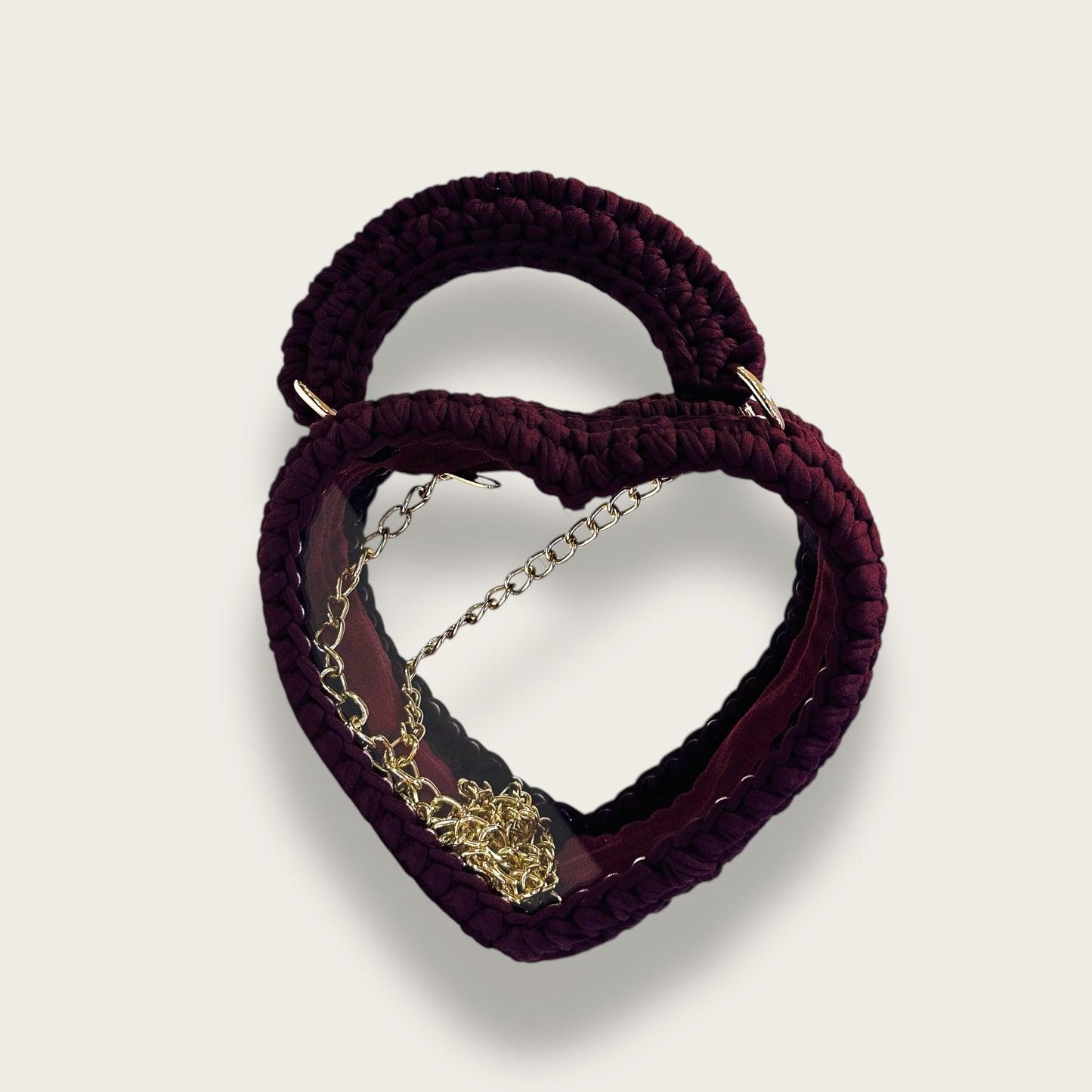 Handmade Crochet Heart-Shaped Hand & Shoulder Bag – Open-Frame Design with Transparent Base & Chain Strap