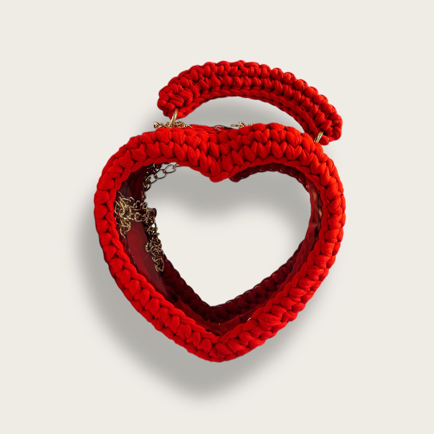 Handmade Crochet Heart-Shaped Hand & Shoulder Bag – Open-Frame Design with Transparent Base & Chain Strap