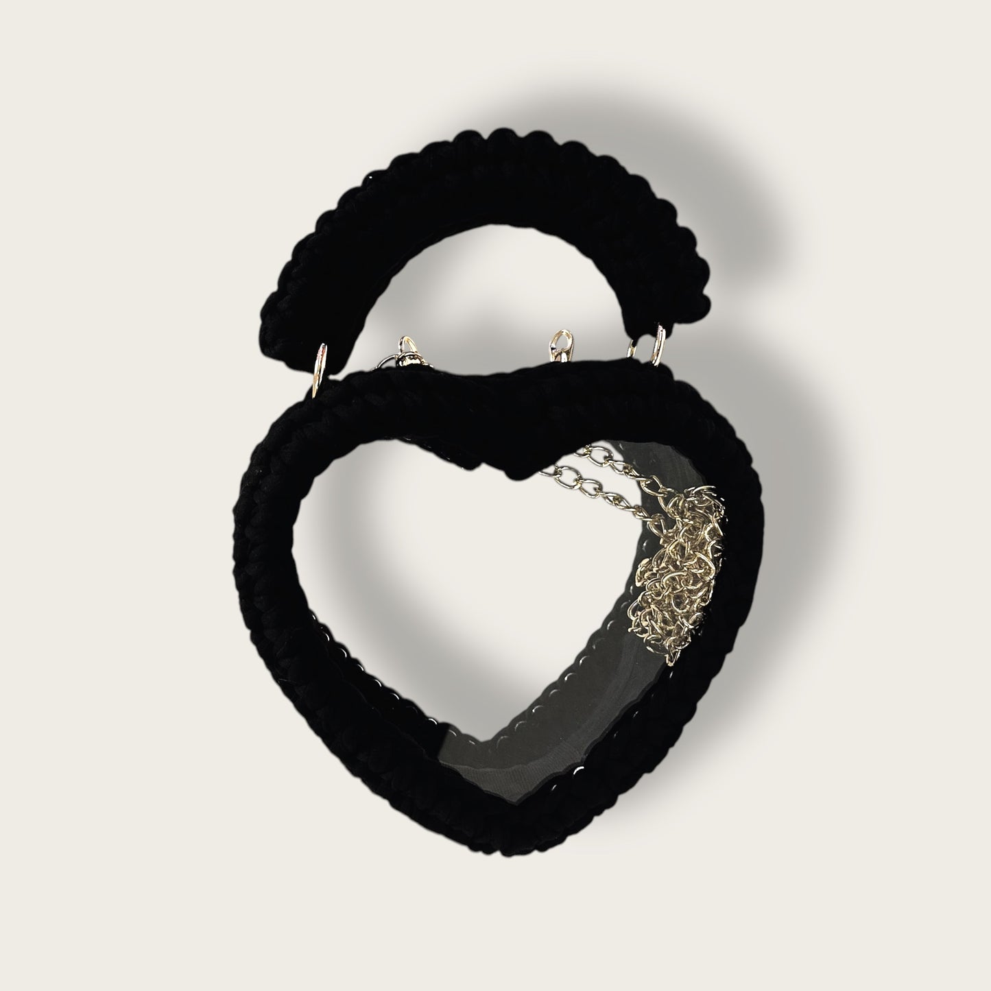 Handmade Crochet Heart-Shaped Hand & Shoulder Bag – Open-Frame Design with Transparent Base & Chain Strap