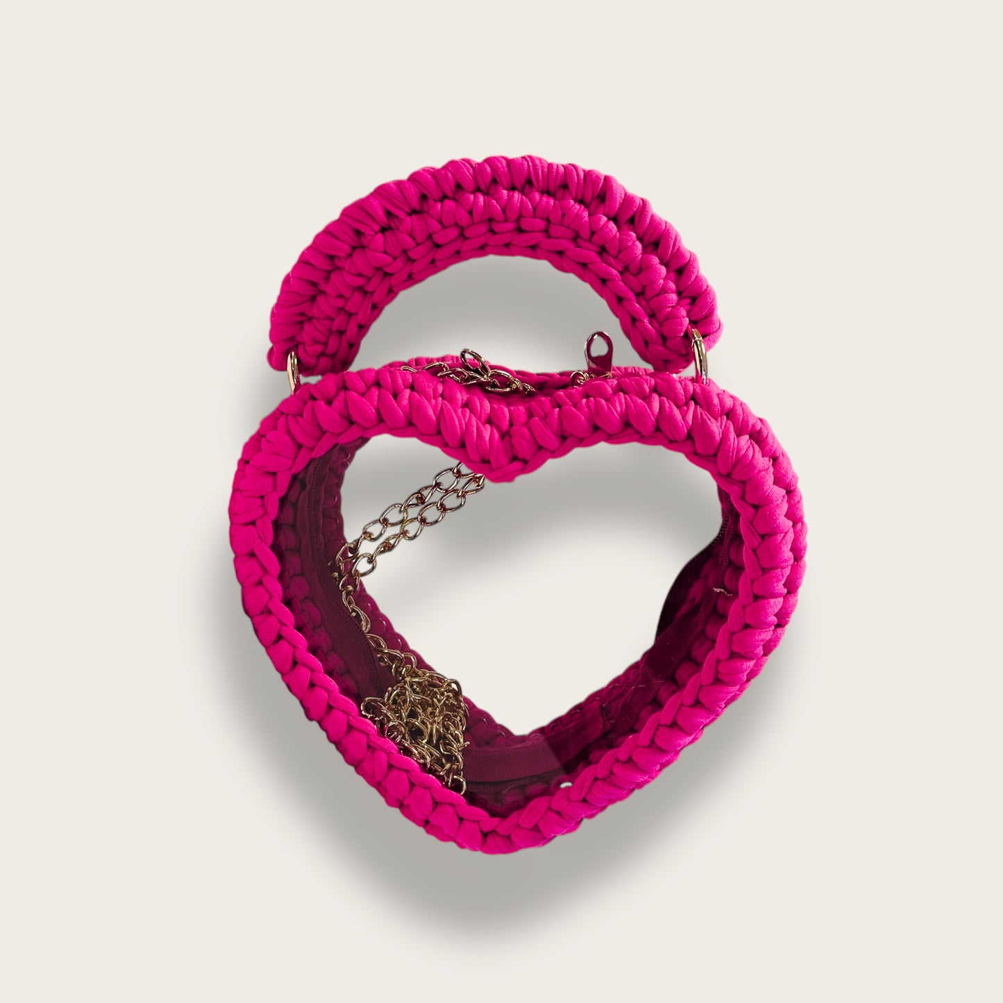 Handmade Crochet Heart-Shaped Hand & Shoulder Bag – Open-Frame Design with Transparent Base & Chain Strap