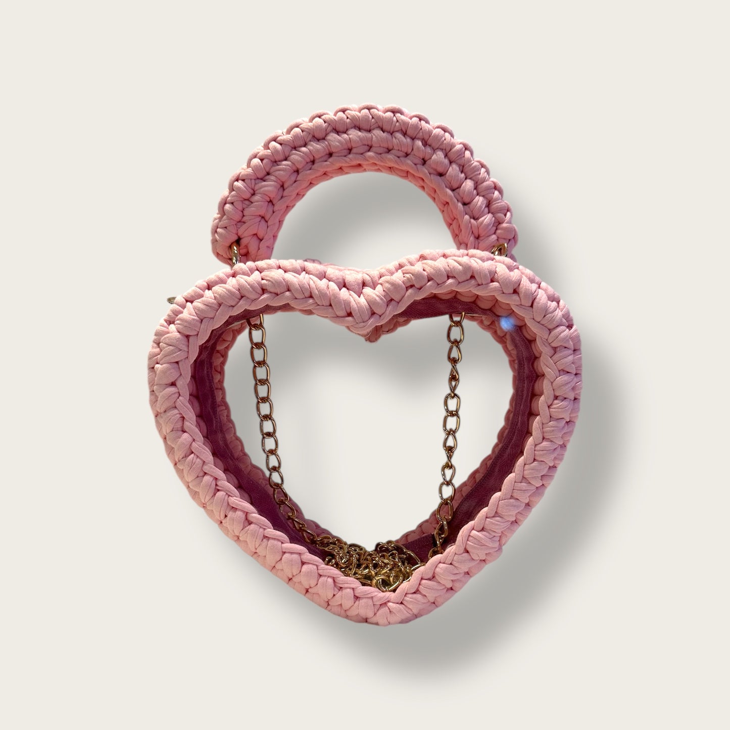 Handmade Crochet Heart-Shaped Hand & Shoulder Bag – Open-Frame Design with Transparent Base & Chain Strap
