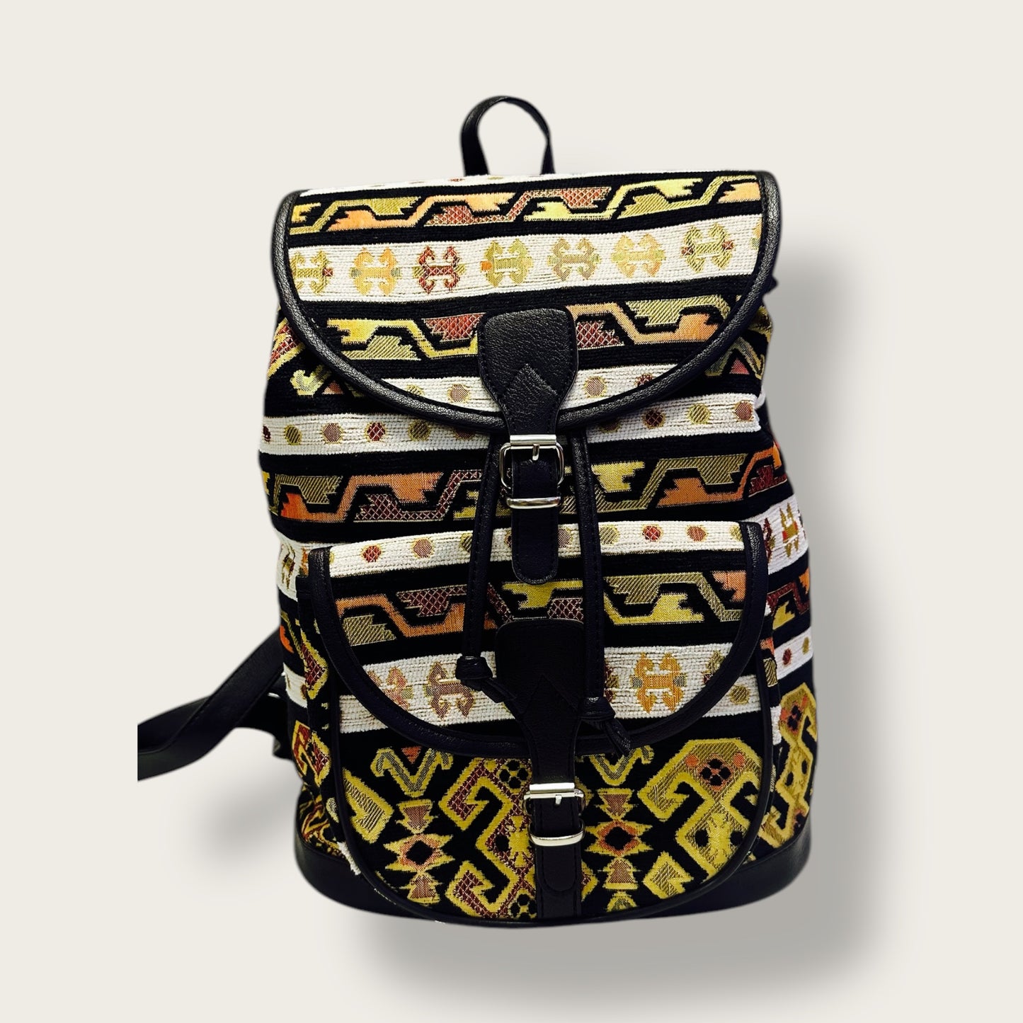 Handwoven Ethnic Backpack – Traditional Patterned Fabric with Leather Accents
