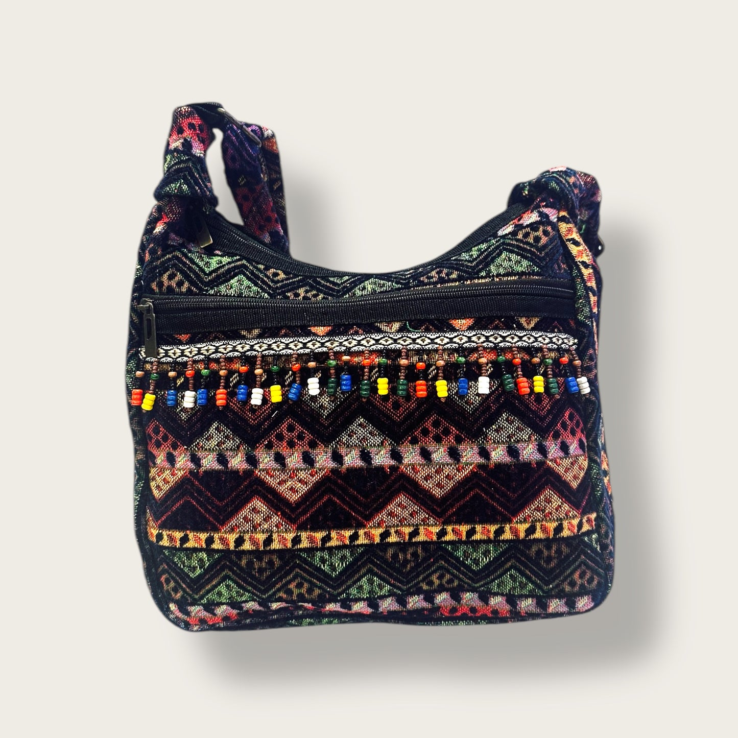 Handwoven Bohemian Shoulder Bag – Ethnic Red Tapestry with Beaded Accents