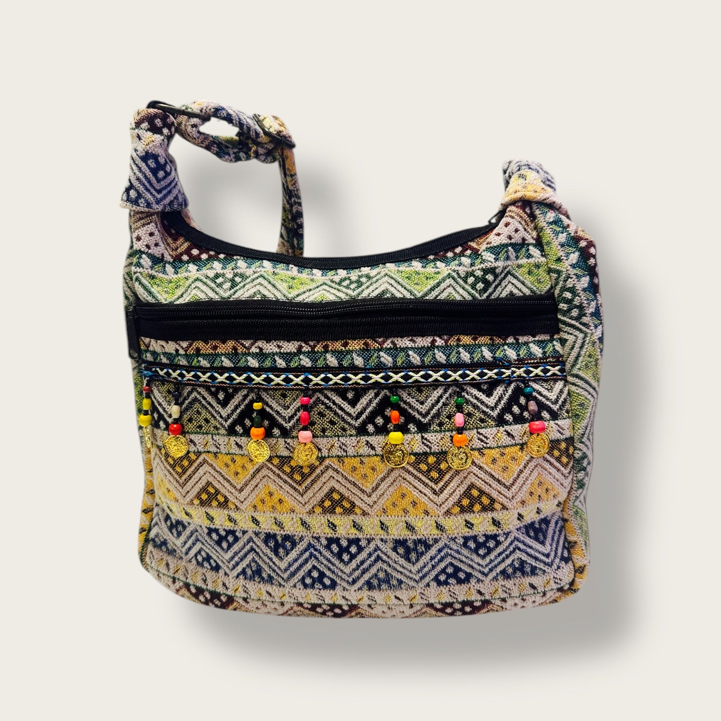 Handwoven Bohemian Shoulder Bag – Ethnic Blue Tapestry with Coin Accents