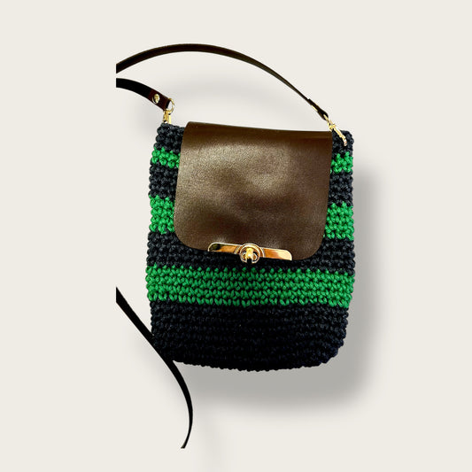 Handmade Crochet Shoulder Bag – Knitted Design with Leather Flap & Metal Clasp Closure