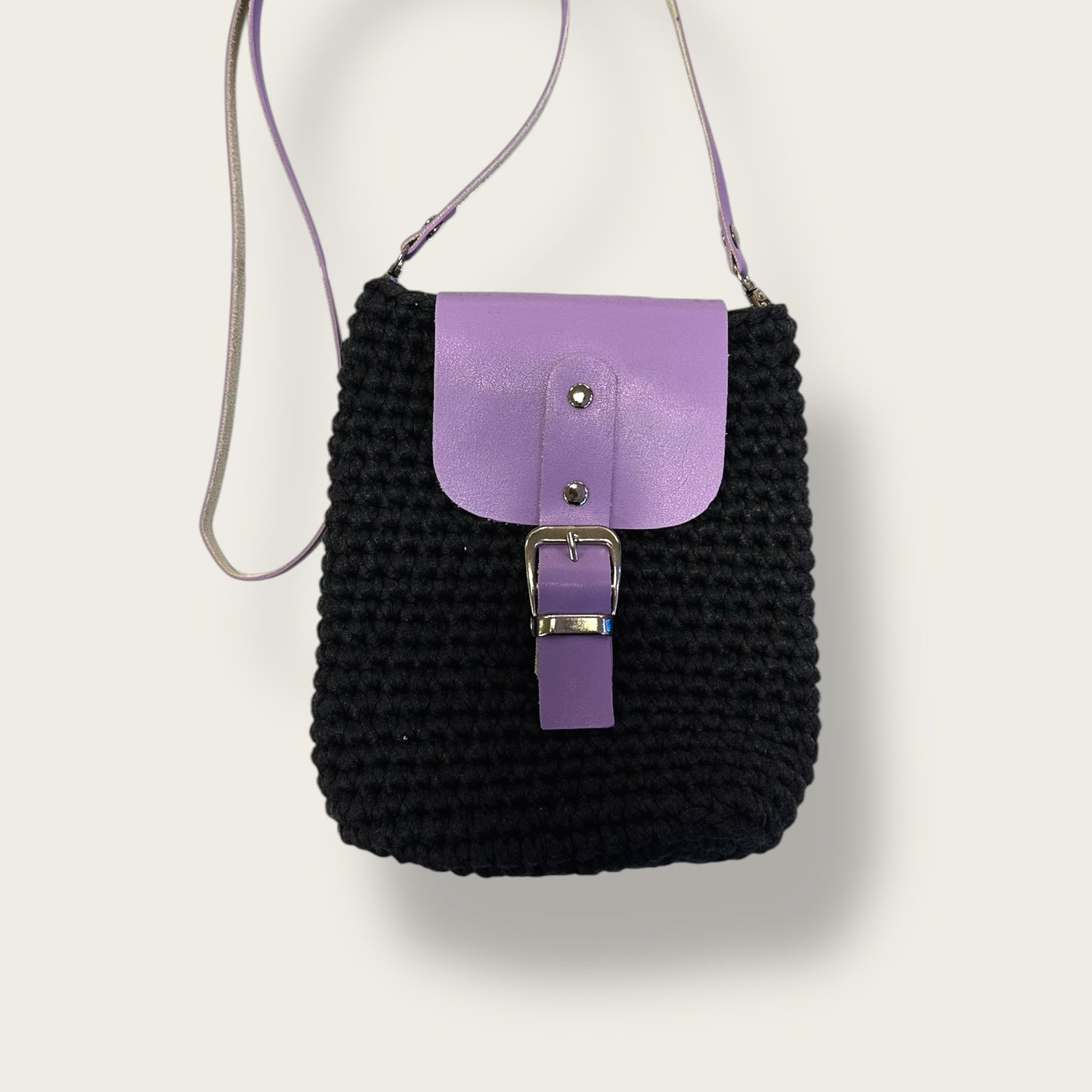 Handmade Crochet Shoulder Bag – Knitted Design with Leather Flap & Buckle Strap Closure