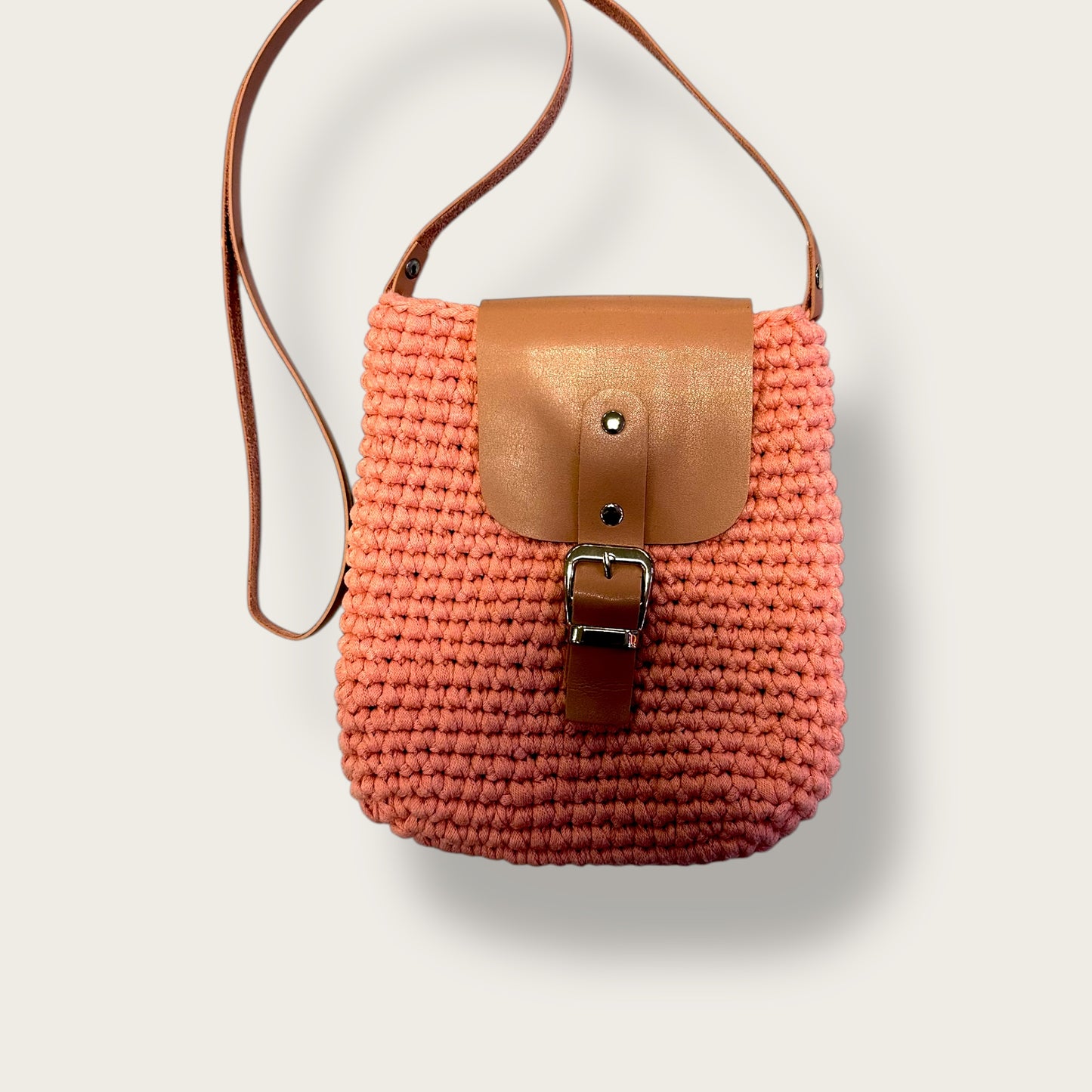 Handmade Crochet Shoulder Bag – Knitted Design with Leather Flap & Buckle Strap Closure