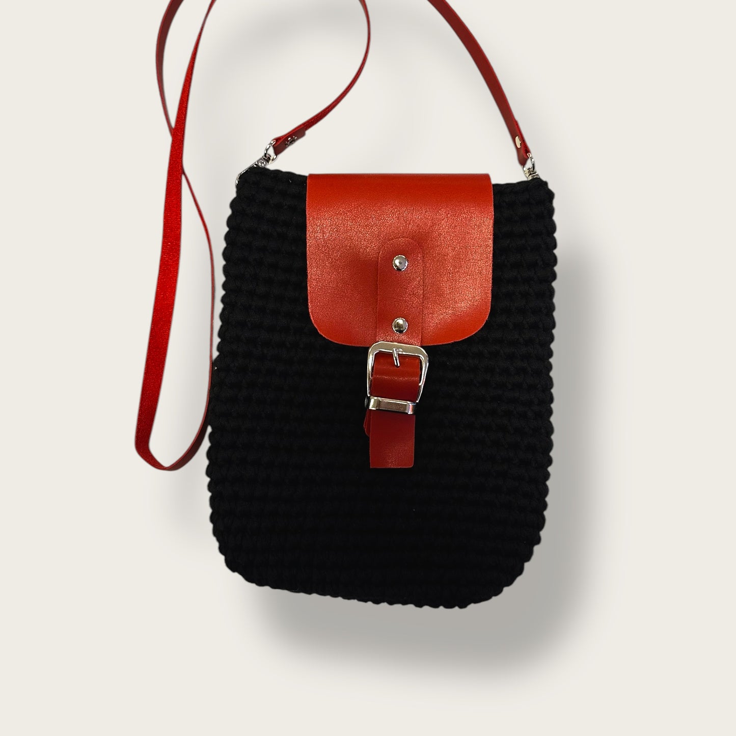 Handmade Crochet Shoulder Bag – Knitted Design with Leather Flap & Buckle Strap Closure