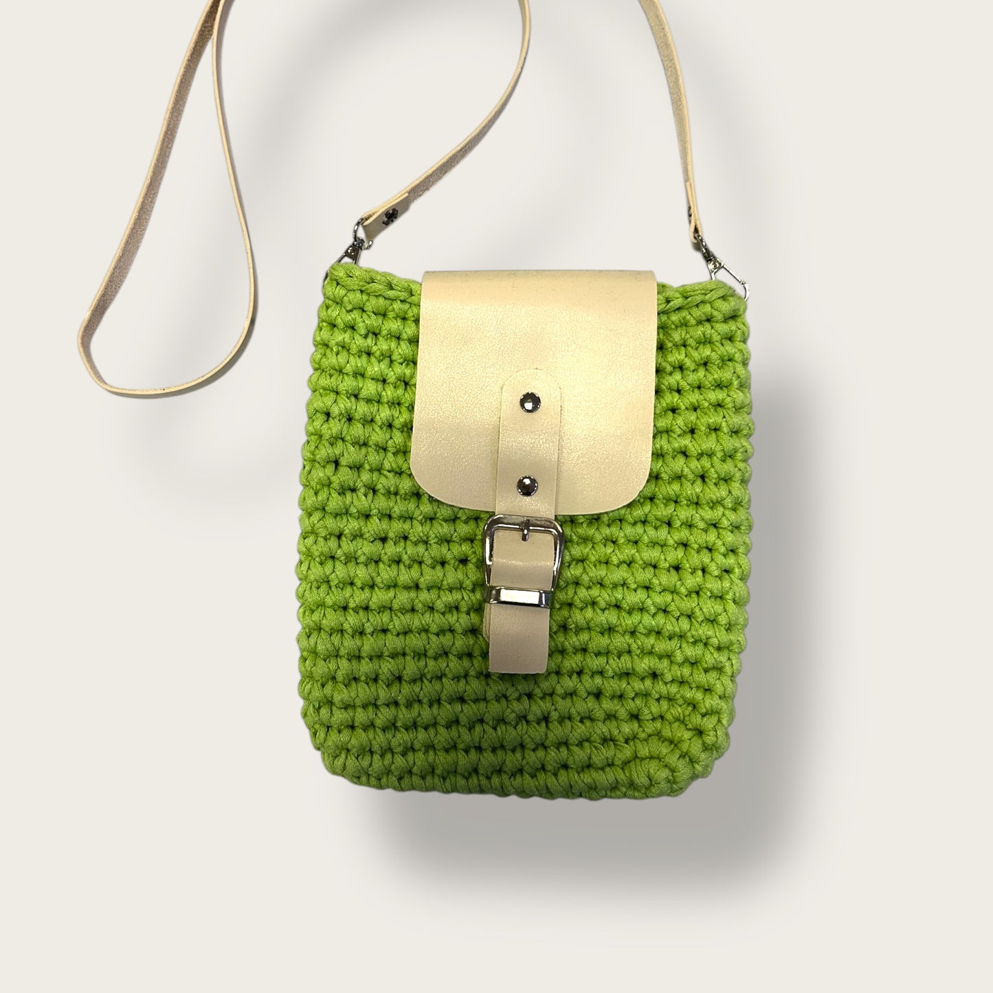 Handmade Crochet Shoulder Bag – Knitted Design with Leather Flap & Buckle Strap Closure