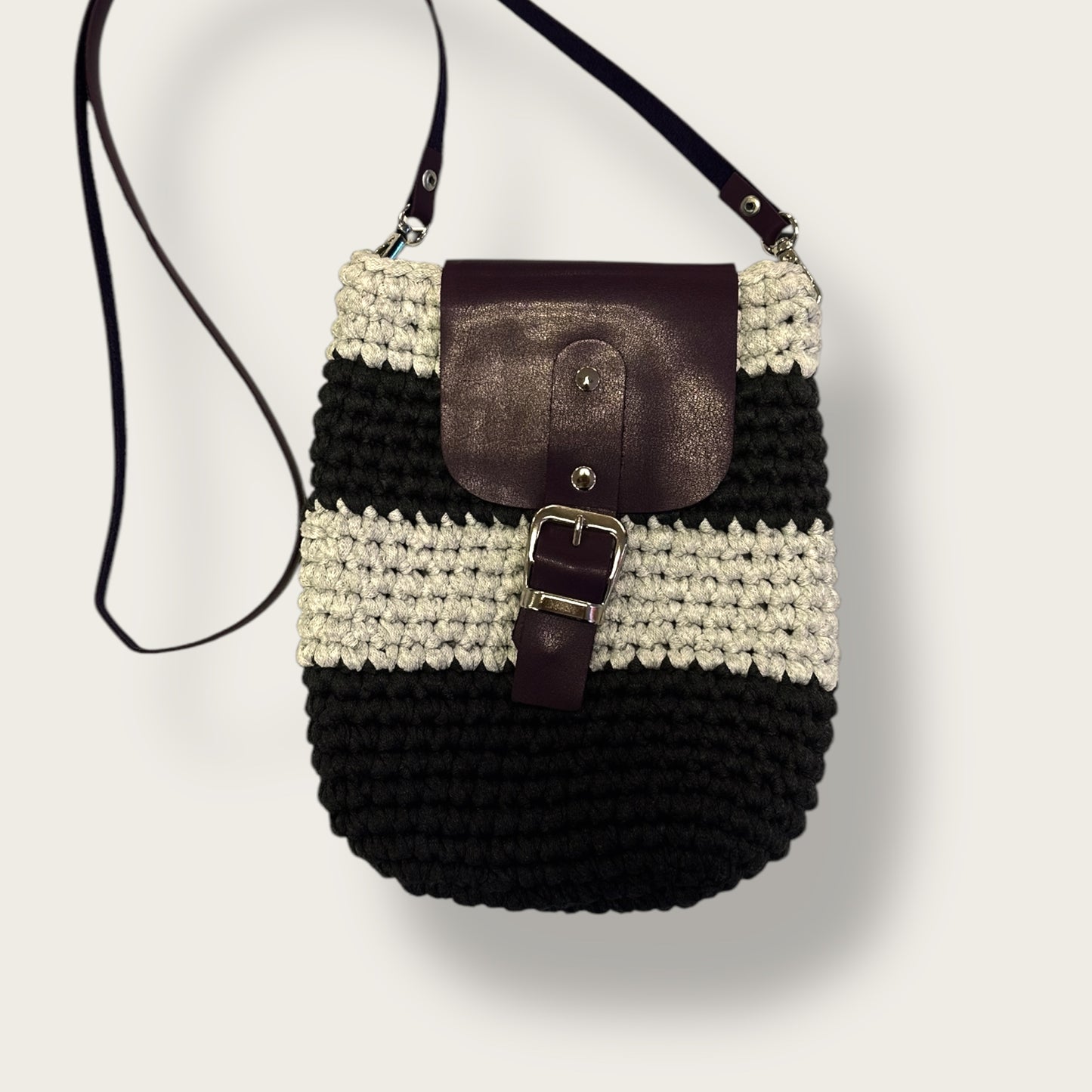 Handmade Crochet Shoulder Bag – Knitted Design with Leather Flap & Buckle Strap Closure