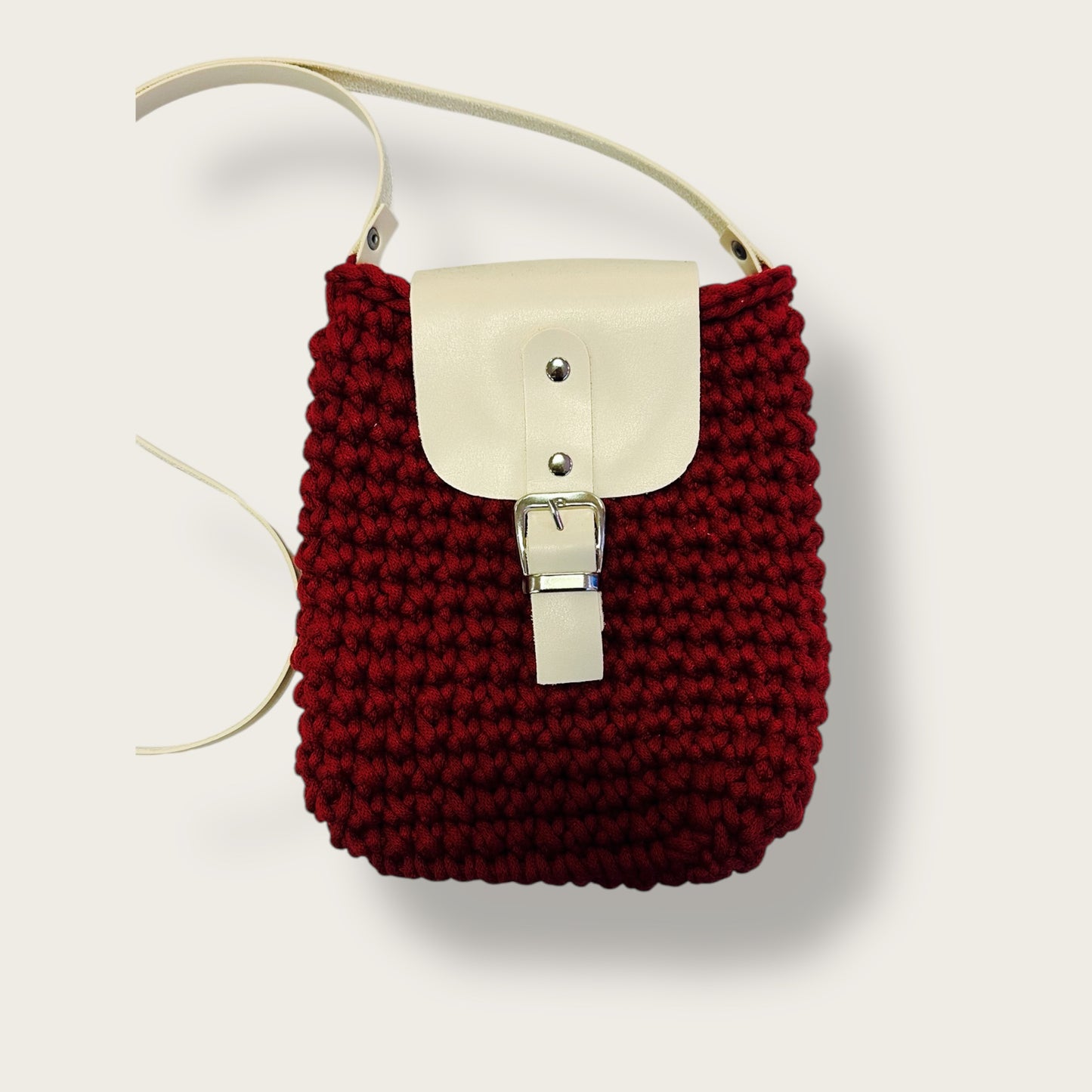 Handmade Crochet Shoulder Bag – Knitted Design with Leather Flap & Buckle Strap Closure