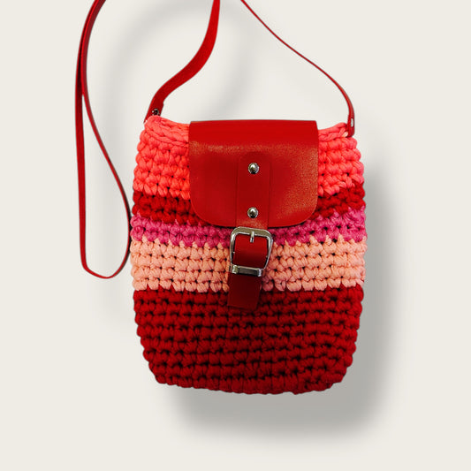 Handmade Crochet Shoulder Bag – Knitted Design with Leather Flap & Buckle Strap Closure