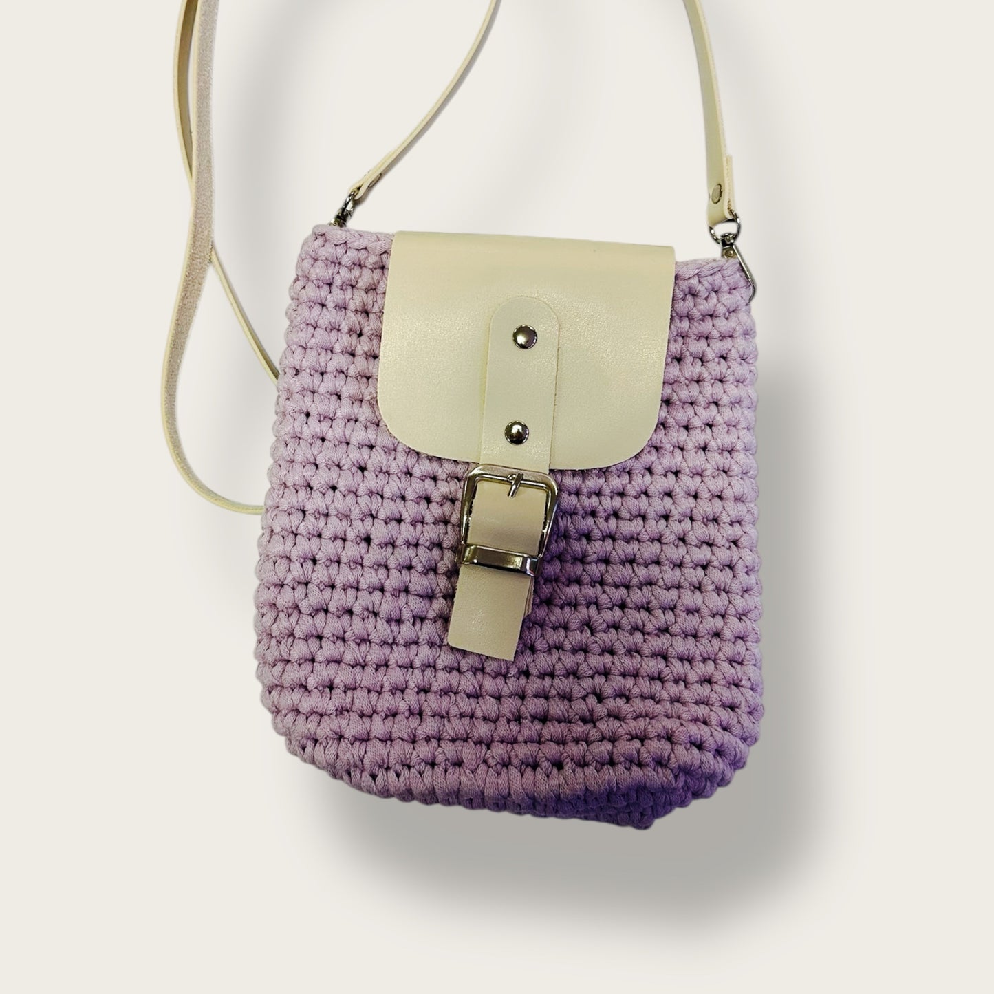 Handmade Crochet Shoulder Bag – Knitted Design with Leather Flap & Buckle Strap Closure