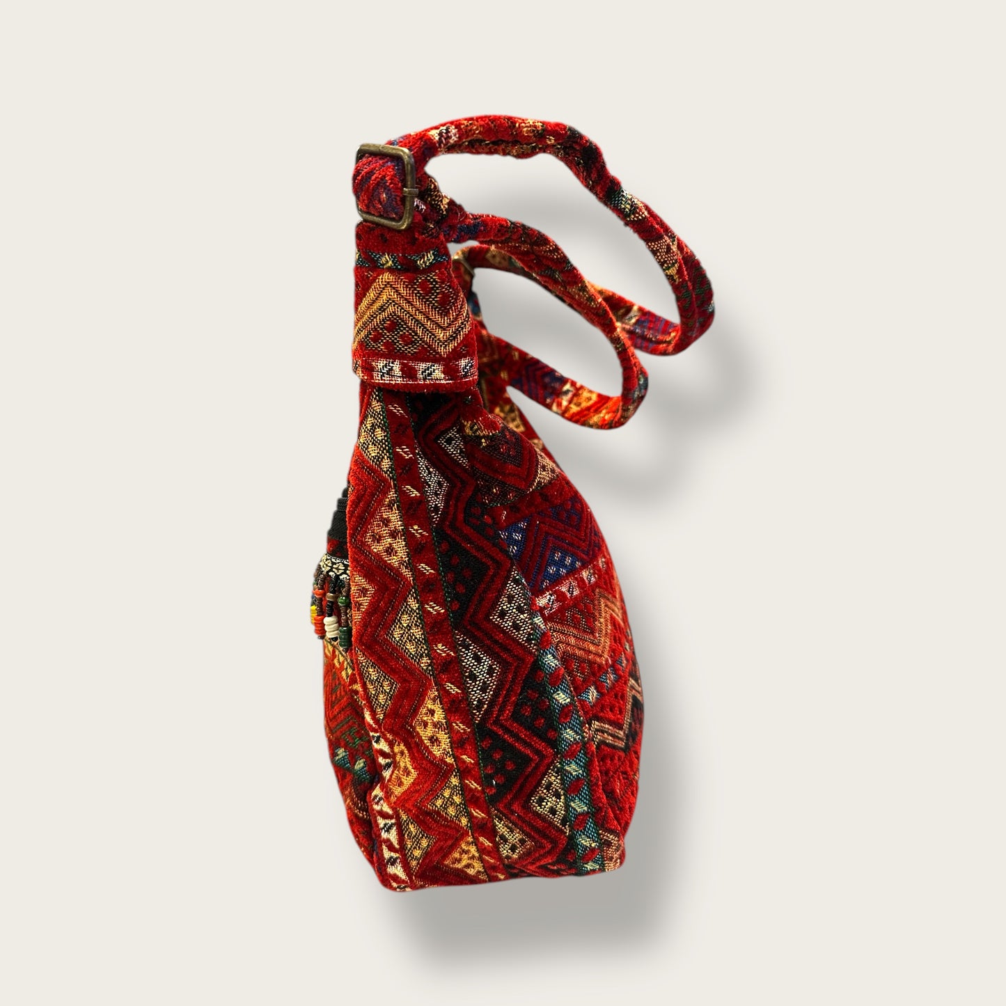 Handwoven Bohemian Shoulder Bag – Ethnic Red Tapestry with Beaded Accents