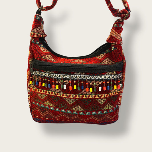 Handwoven Bohemian Shoulder Bag – Ethnic Red Tapestry with Beaded Accents