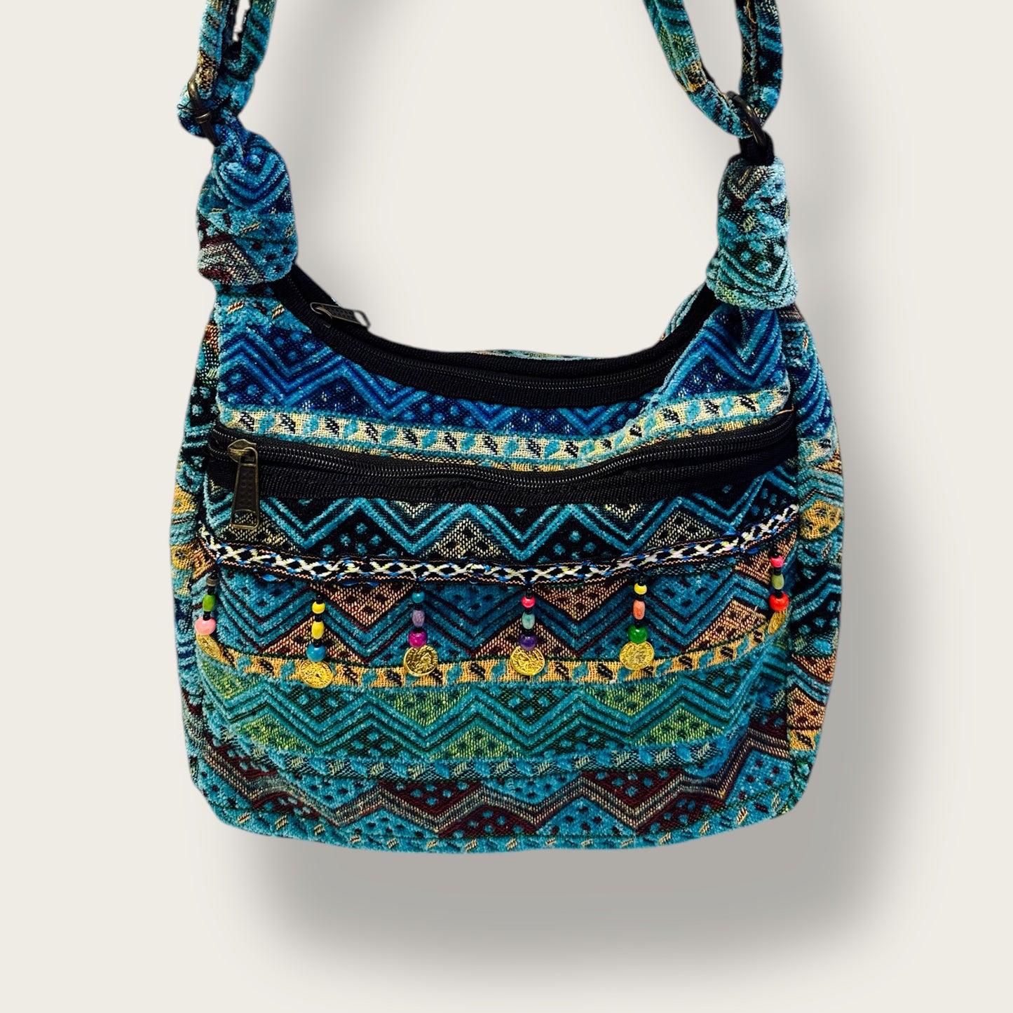 Handwoven Bohemian Shoulder Bag – Ethnic Blue Tapestry with Coin Accents