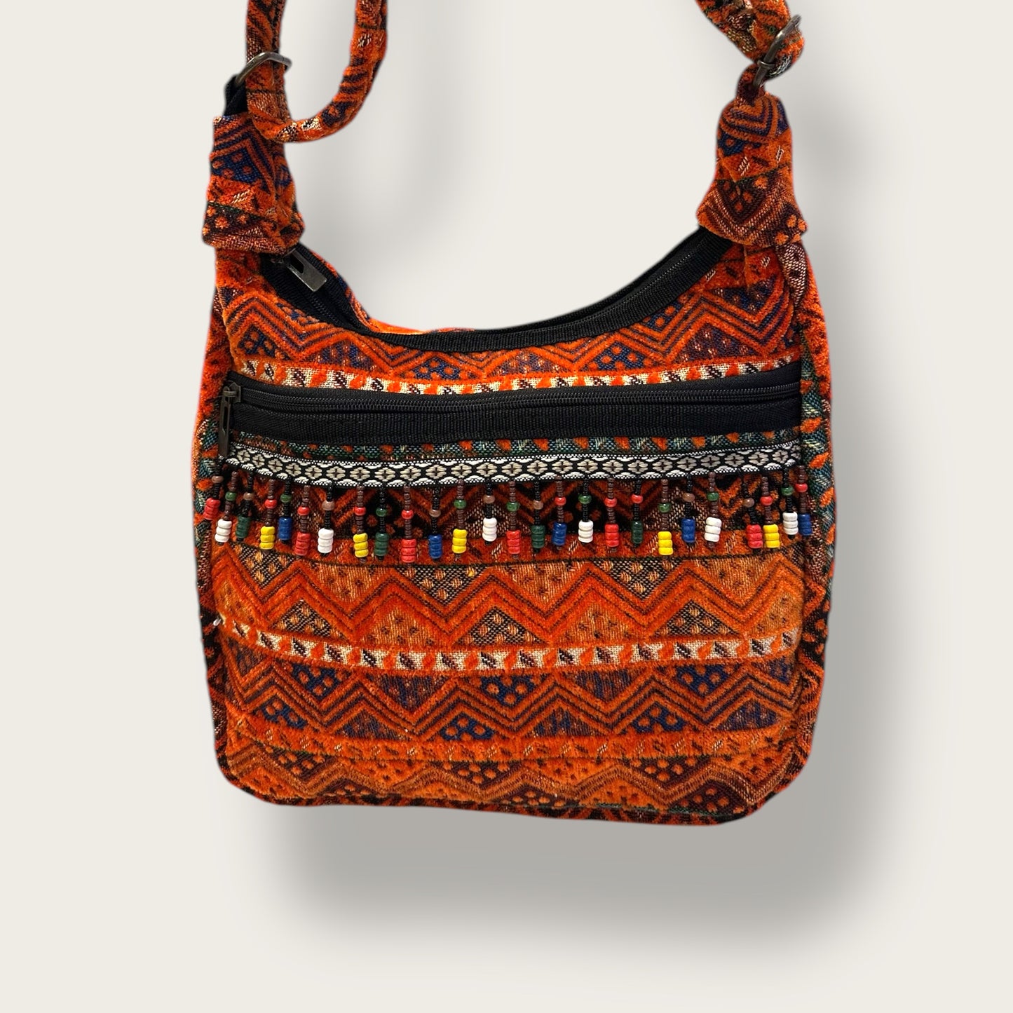 Handwoven Bohemian Shoulder Bag – Ethnic Red Tapestry with Beaded Accents