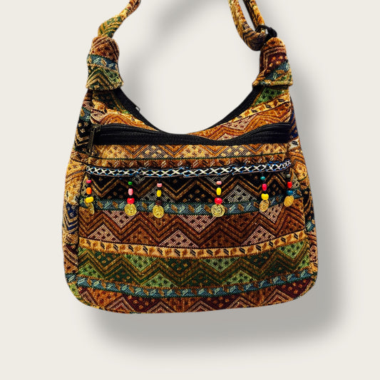 Handwoven Bohemian Shoulder Bag – Ethnic Blue Tapestry with Coin Accents