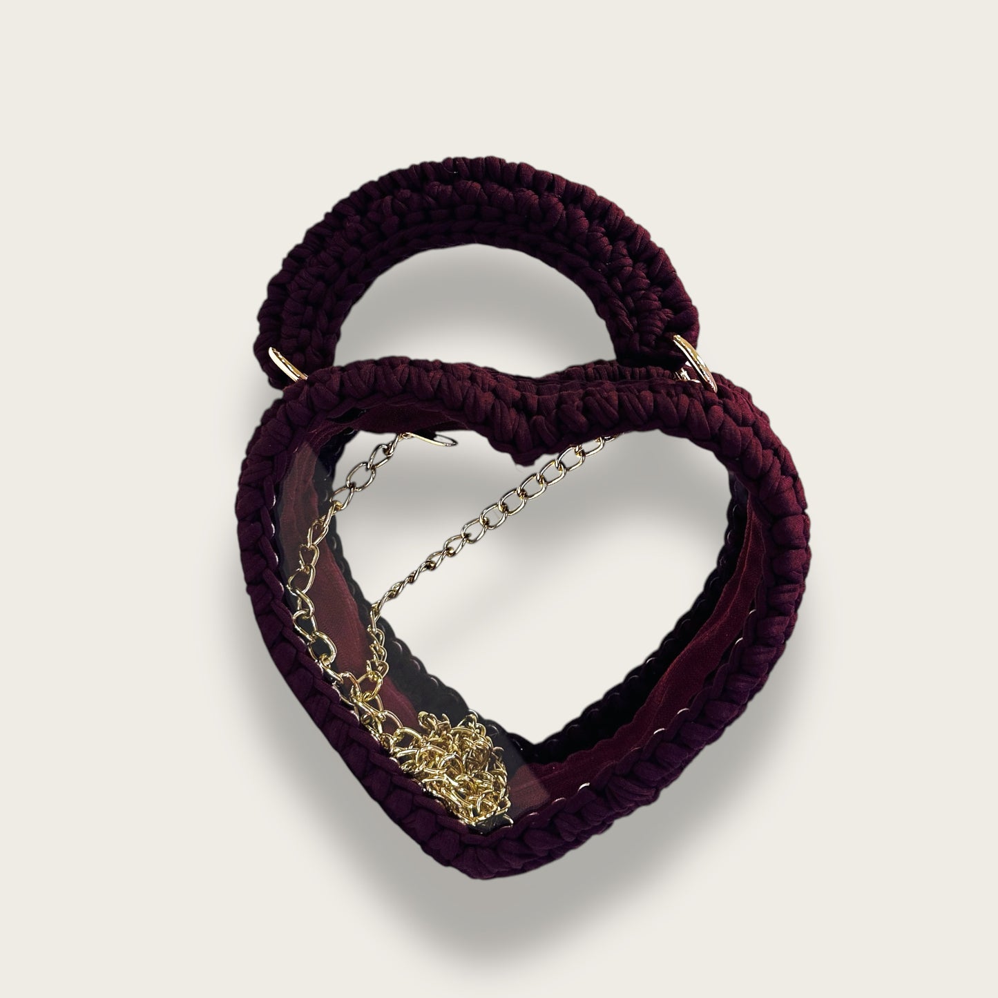 Handmade Crochet Heart-Shaped Bag – Open-Frame Design with Transparent Base & Chain Strap