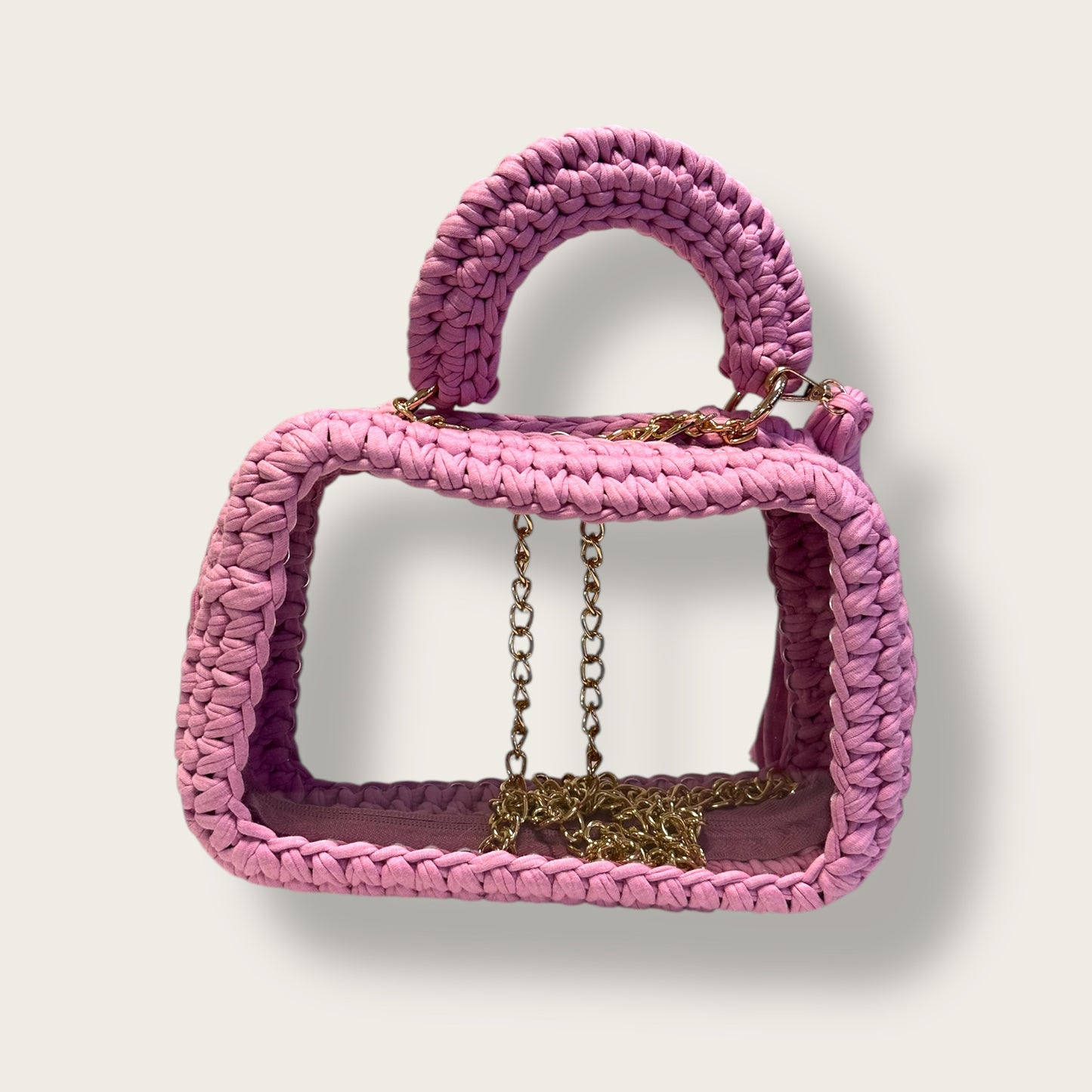 Handmade Crochet Bag – Unique Open-Frame Knitted Design with Transparent Base & Chain Strap