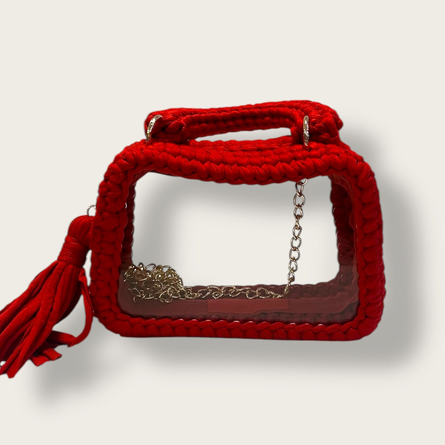 Handmade Crochet Bag – Unique Open-Frame Knitted Design with Transparent Base & Chain Strap