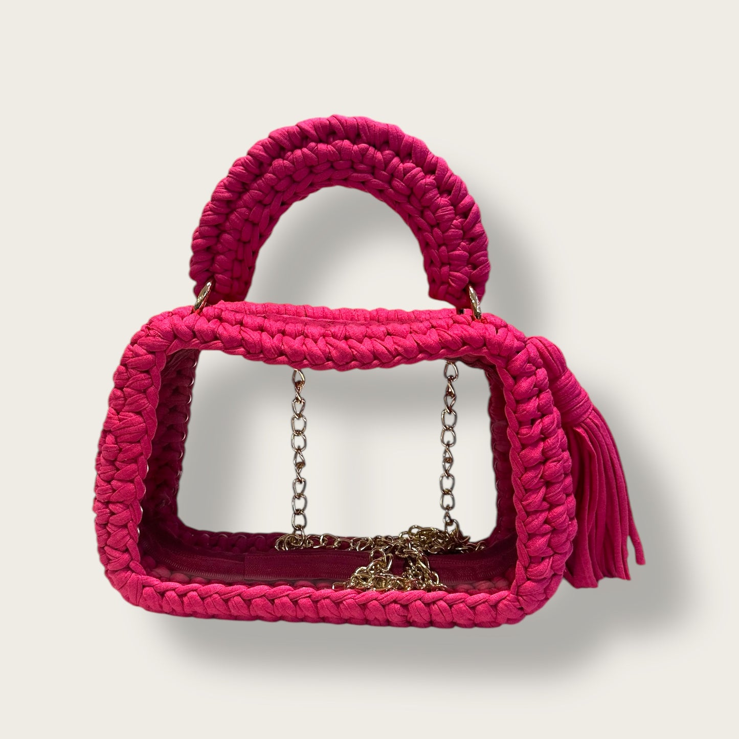 Handmade Crochet Bag – Unique Open-Frame Knitted Design with Transparent Base & Chain Strap