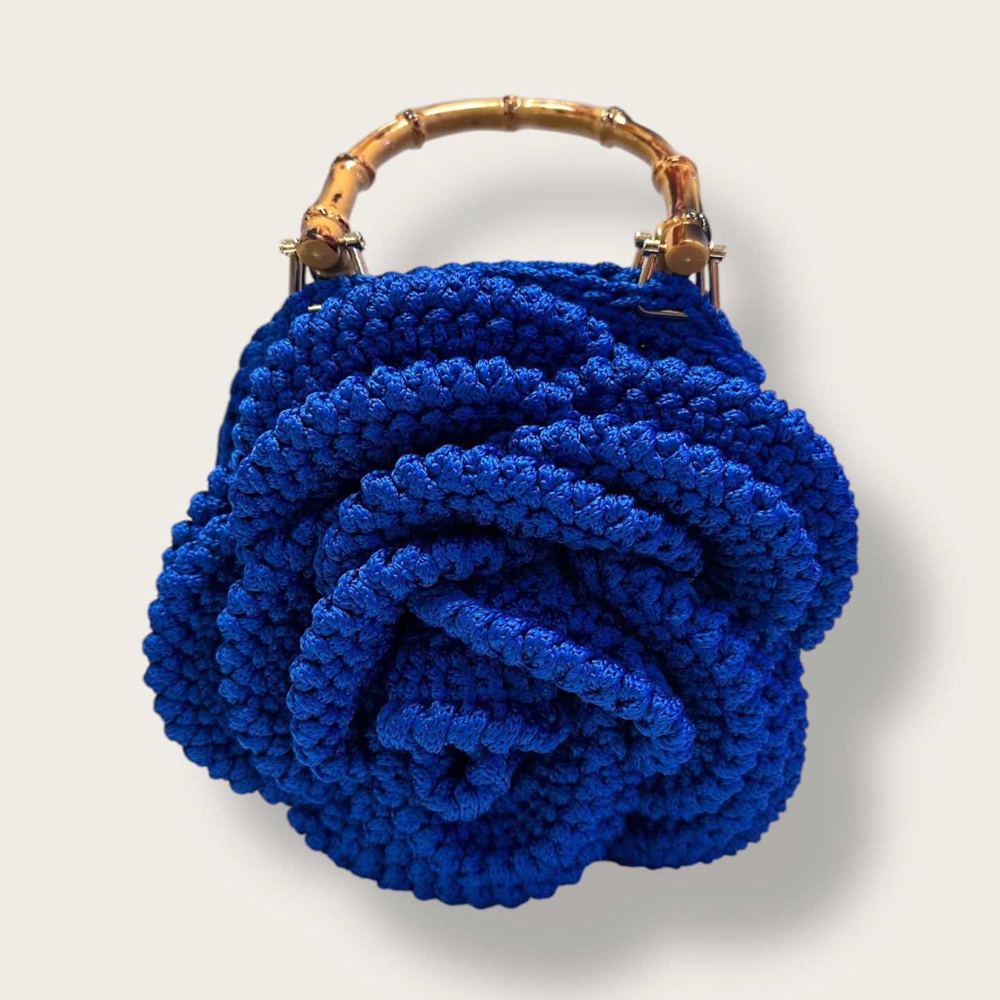 Handmade Crochet Rose Bag – Elegant Floral Design with Bamboo Handles