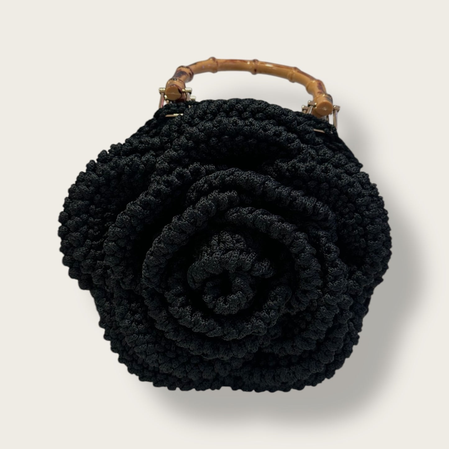 Handmade Crochet Rose Bag – Elegant Floral Design with Bamboo Handles