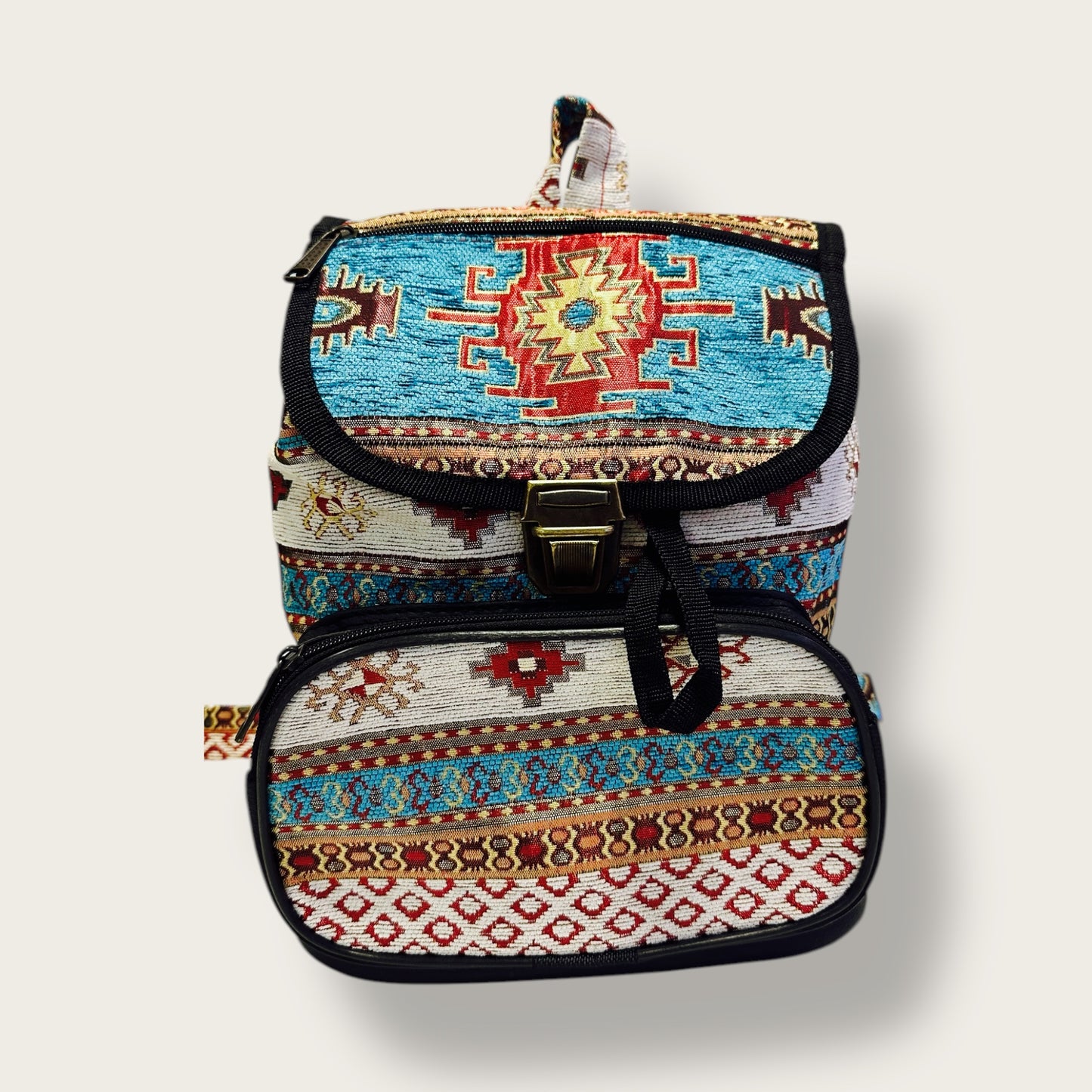 Handwoven Ethnic Backpack – Traditional Patterned Fabric with Secure Closure