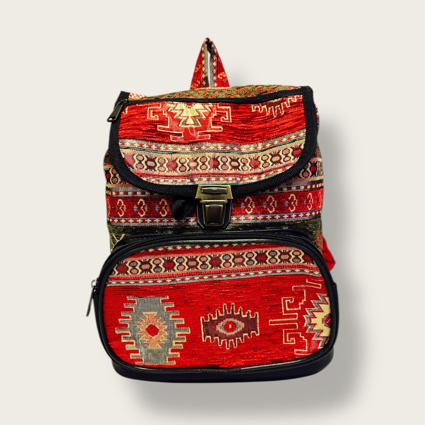 Handwoven Ethnic Backpack – Traditional Patterned Fabric with Secure Closure