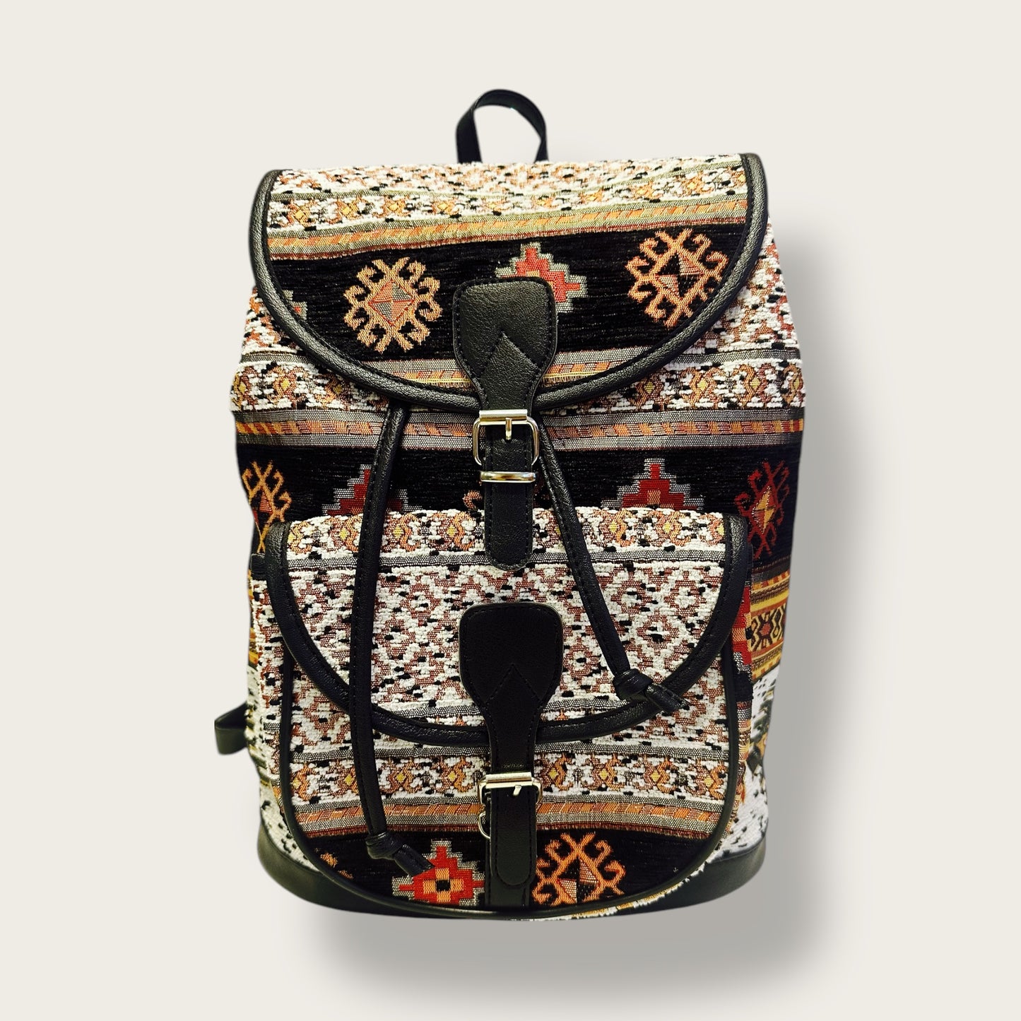 Handwoven Ethnic Backpack – Traditional Patterned Fabric with Leather Accents