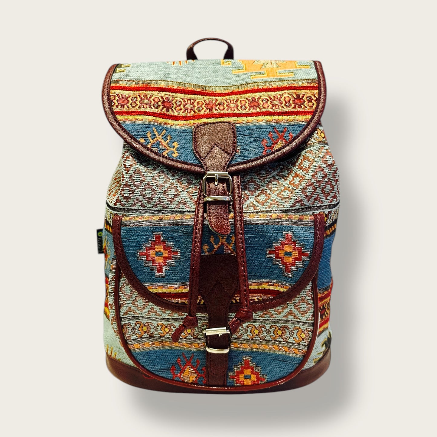 Handwoven Ethnic Backpack – Traditional Patterned Fabric with Leather Accents