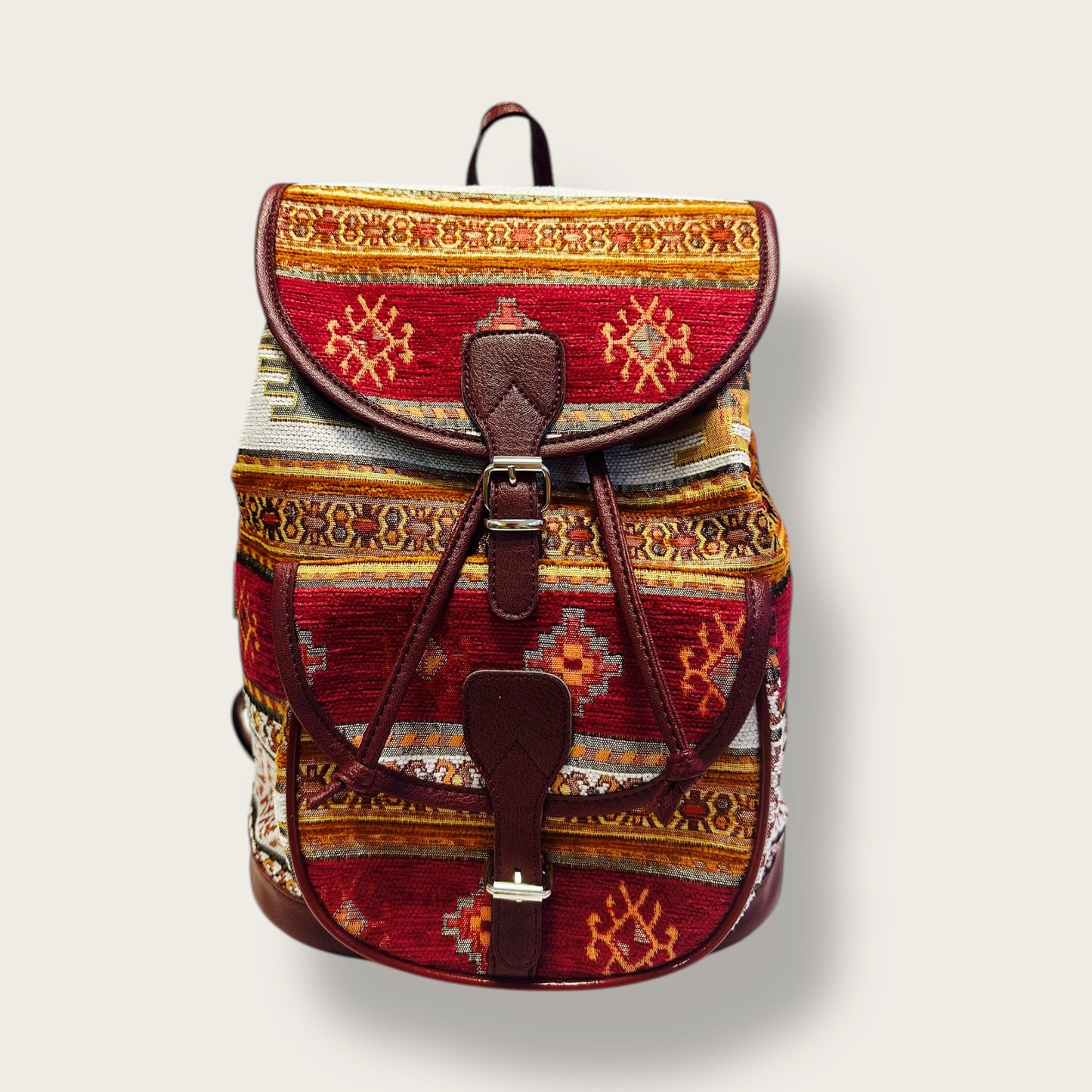 Handwoven Ethnic Backpack – Traditional Patterned Fabric with Leather Accents