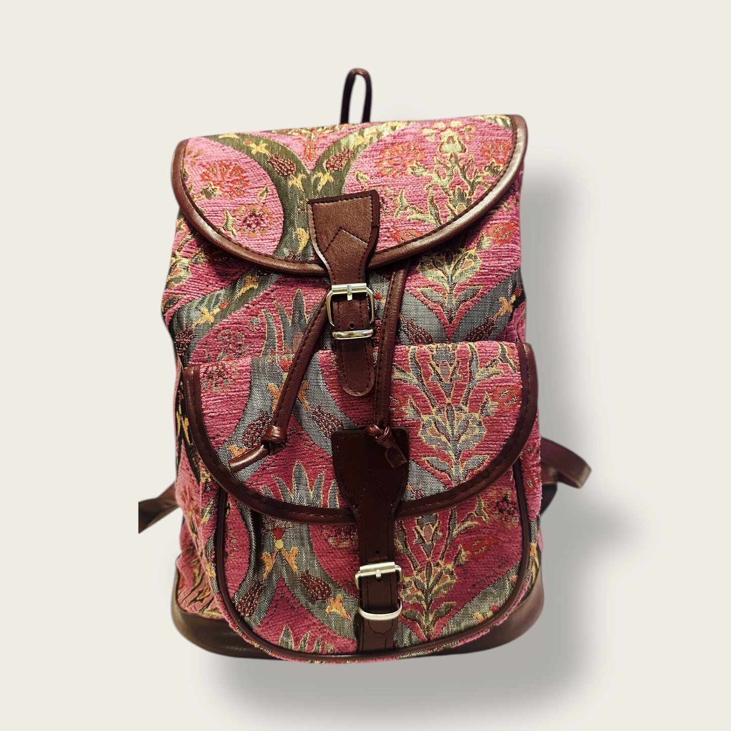 Handwoven Ethnic Backpack – Traditional Patterned Fabric with Leather Accents