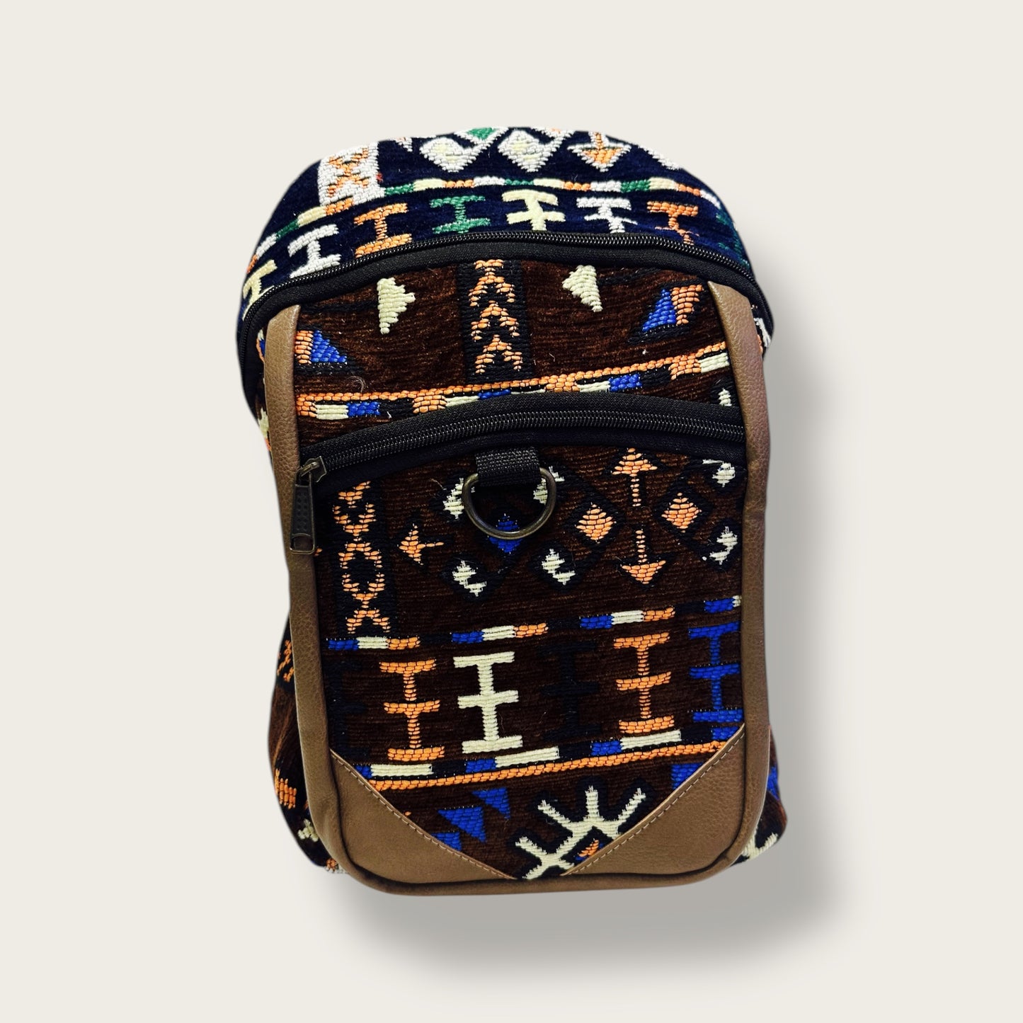 Handwoven Ethnic Backpack – Traditional Patterned Fabric with Leather Details