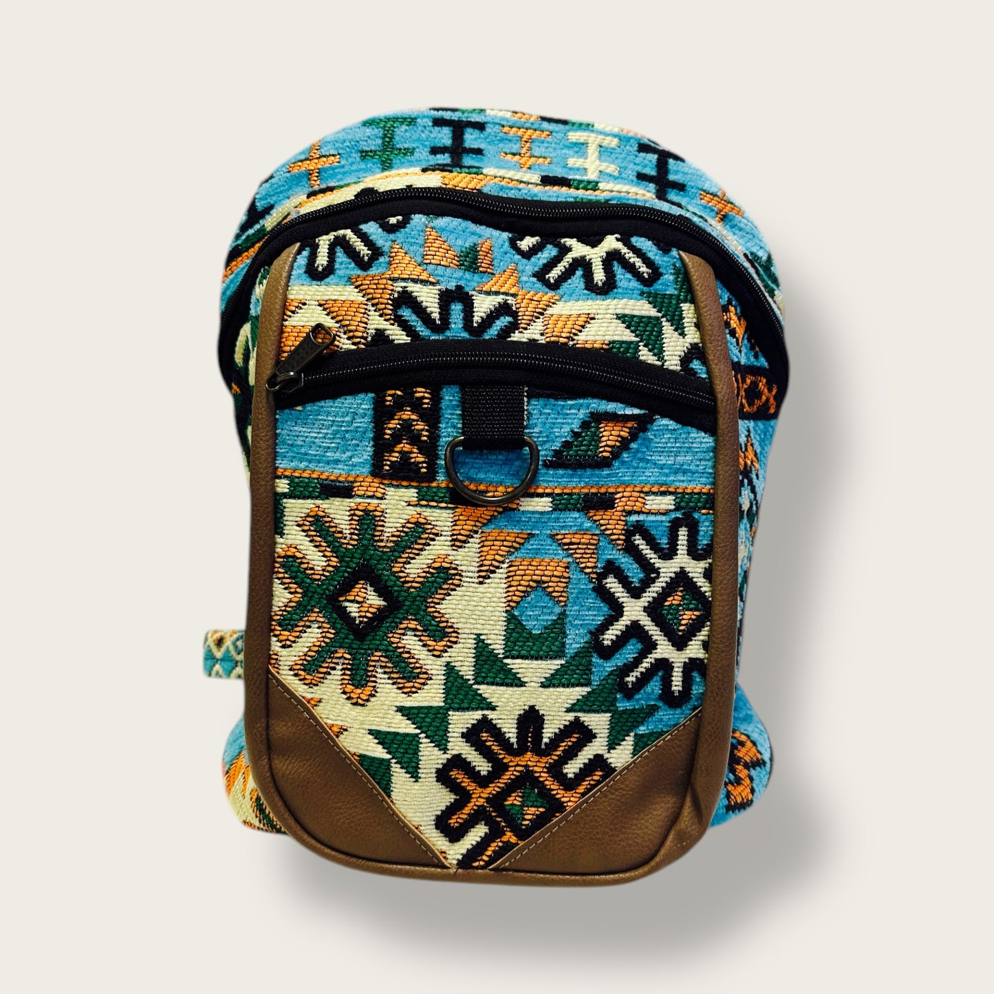 Handwoven Ethnic Backpack – Traditional Patterned Fabric with Leather Details