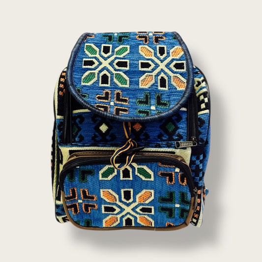 Handwoven Ethnic Backpack – Traditional Patterned Fabric with Multiple Compartments