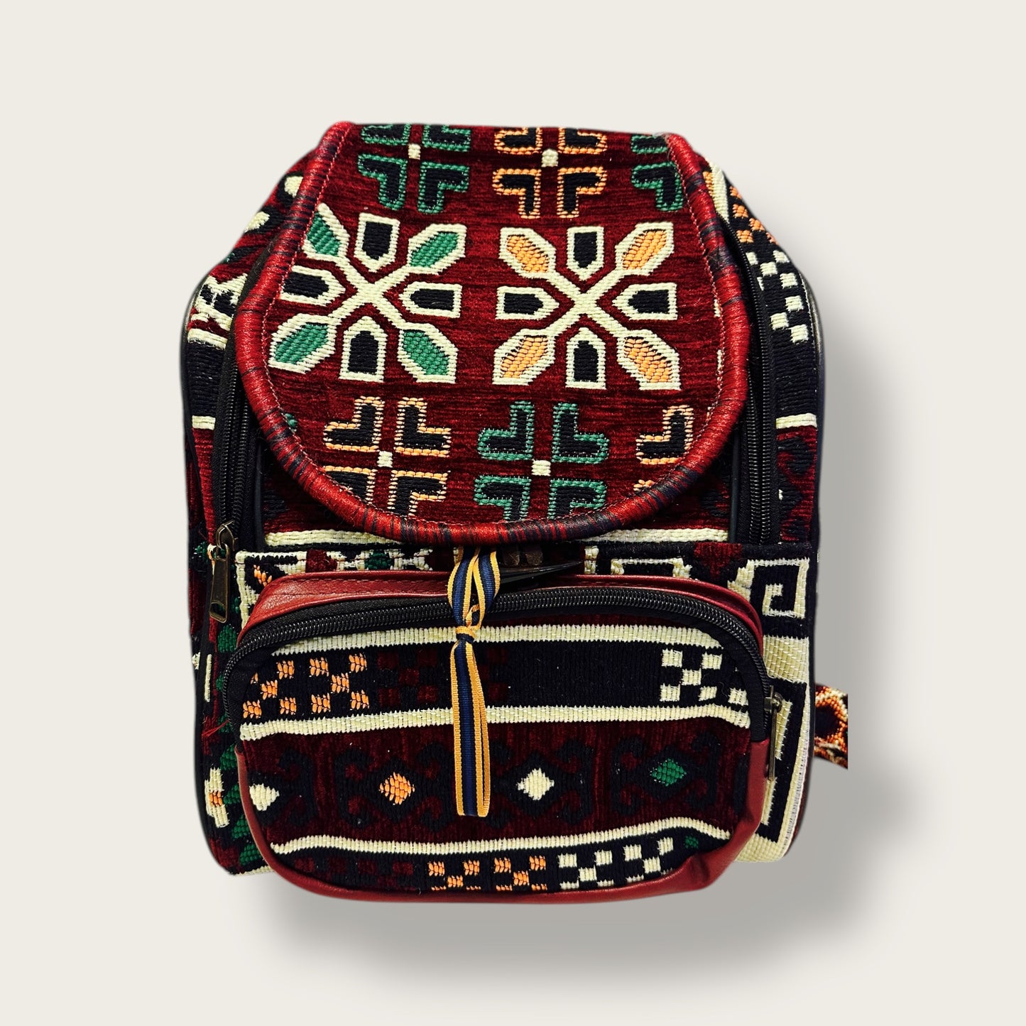 Handwoven Ethnic Backpack – Traditional Patterned Fabric with Multiple Compartments