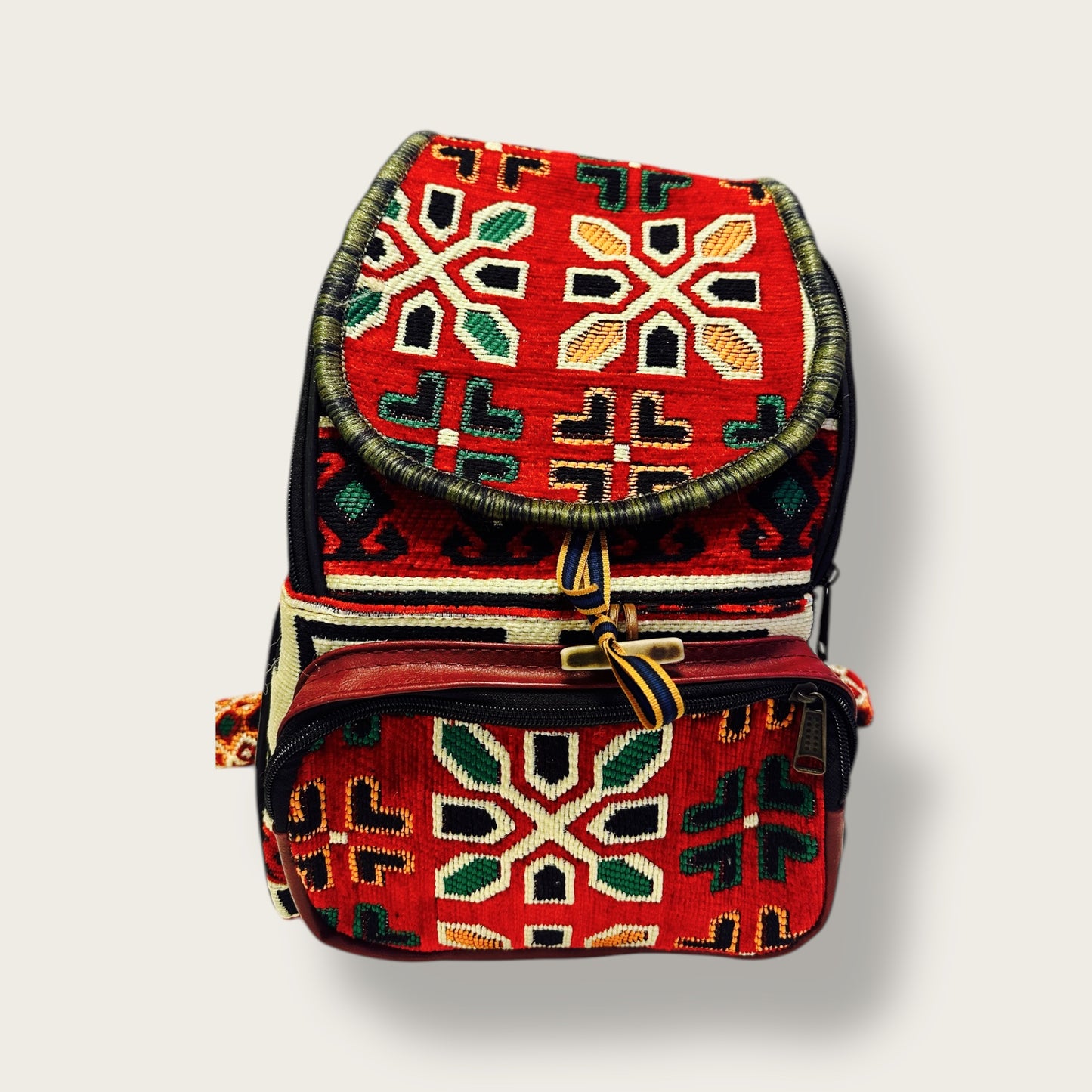 Handwoven Ethnic Backpack – Traditional Patterned Fabric with Multiple Compartments