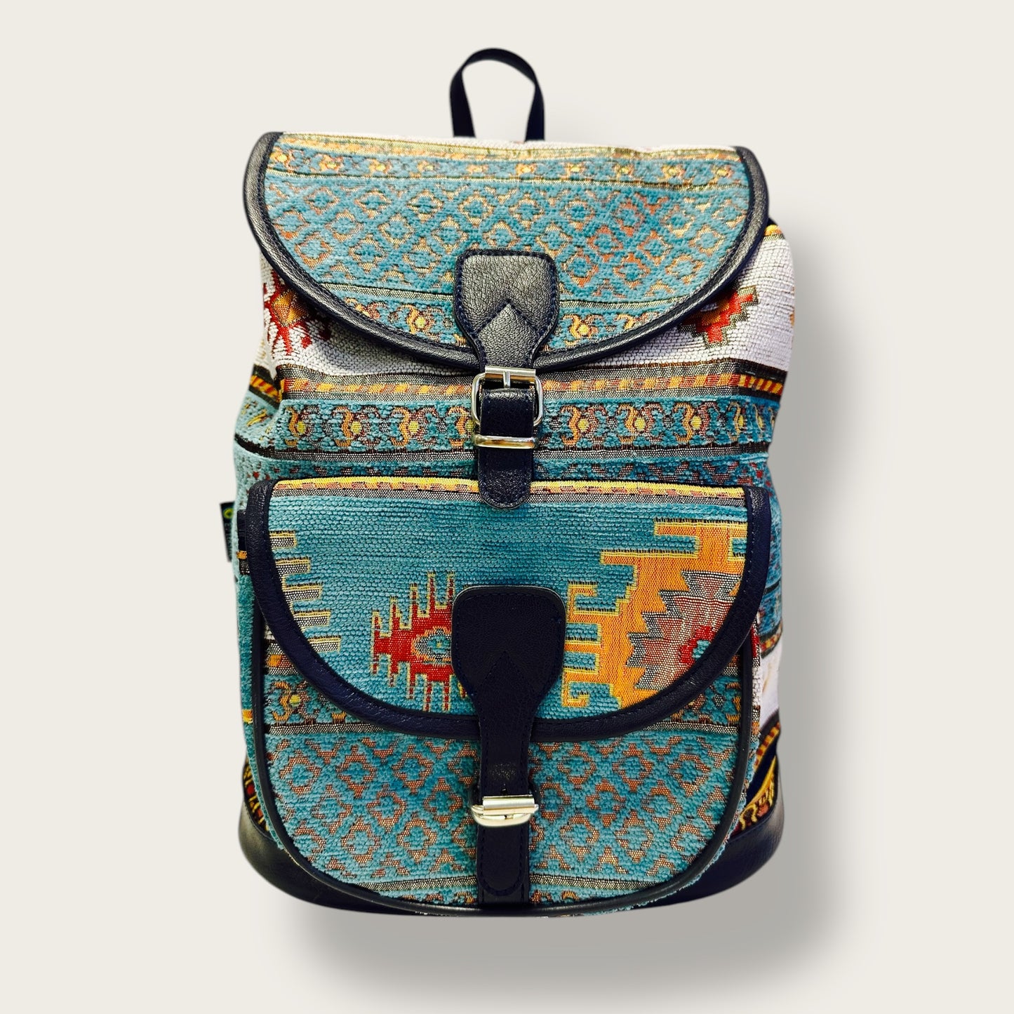 Handwoven Ethnic Backpack – Traditional Patterned Fabric with Leather Accents