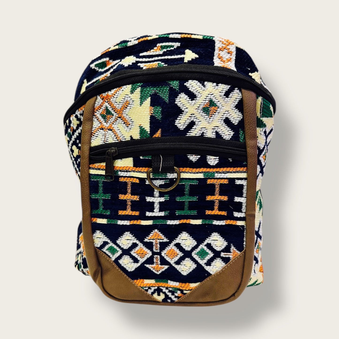 Handwoven Ethnic Backpack – Traditional Patterned Fabric with Leather Details