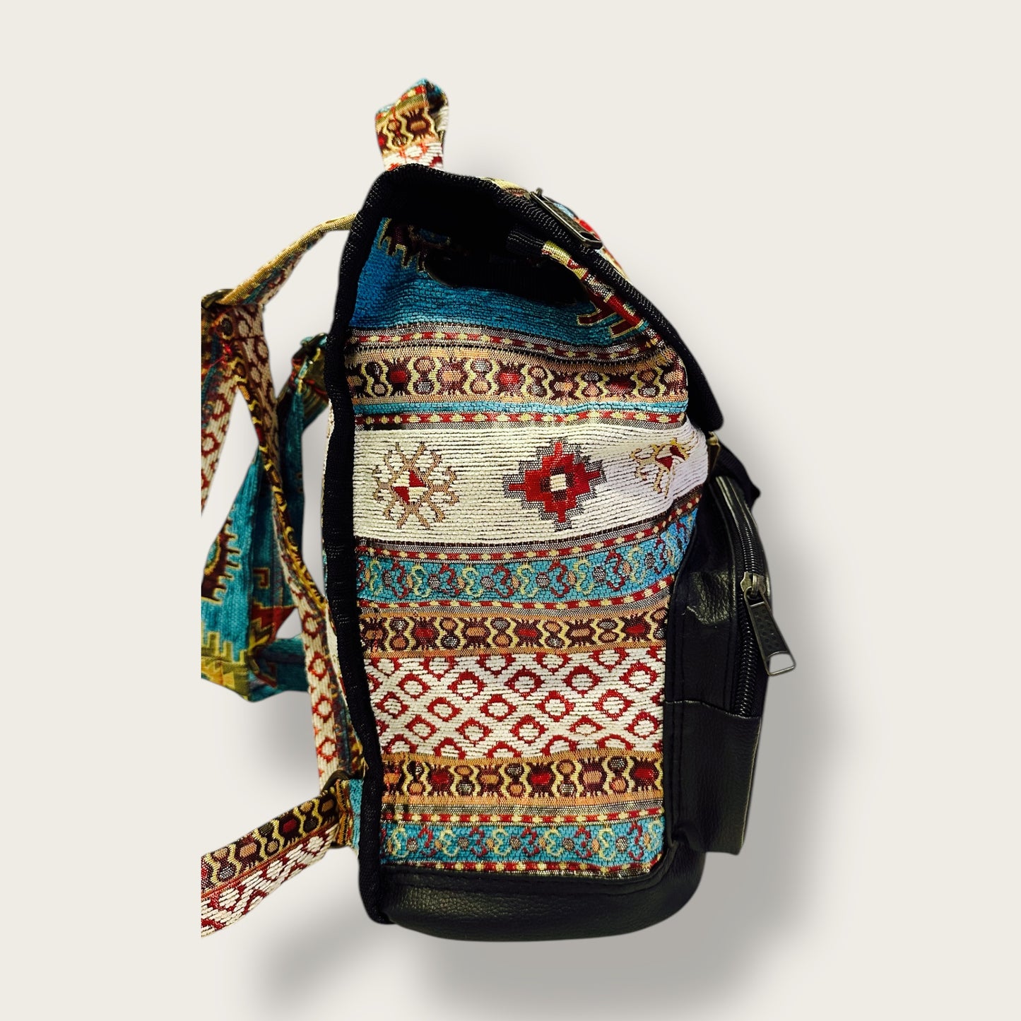 Handwoven Ethnic Backpack – Traditional Patterned Fabric with Secure Closure