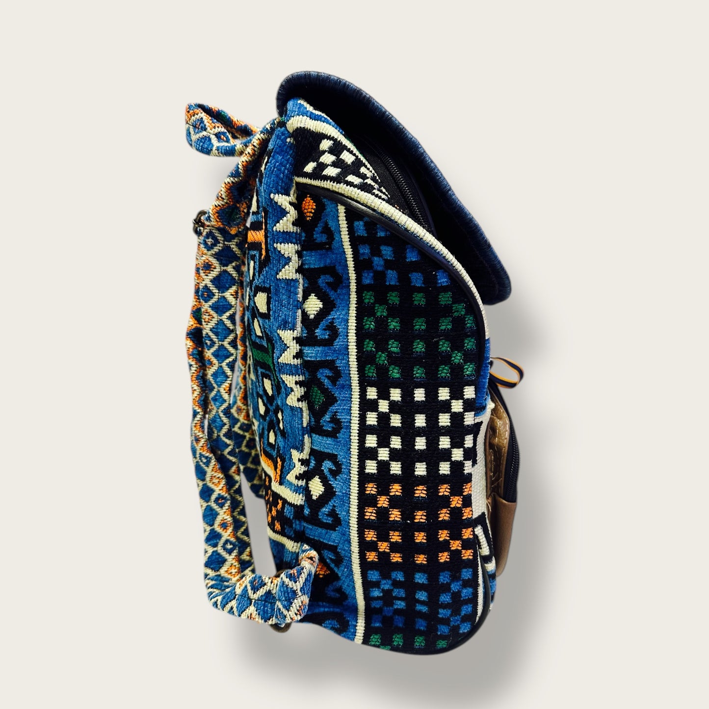 Handwoven Ethnic Backpack – Traditional Patterned Fabric with Multiple Compartments