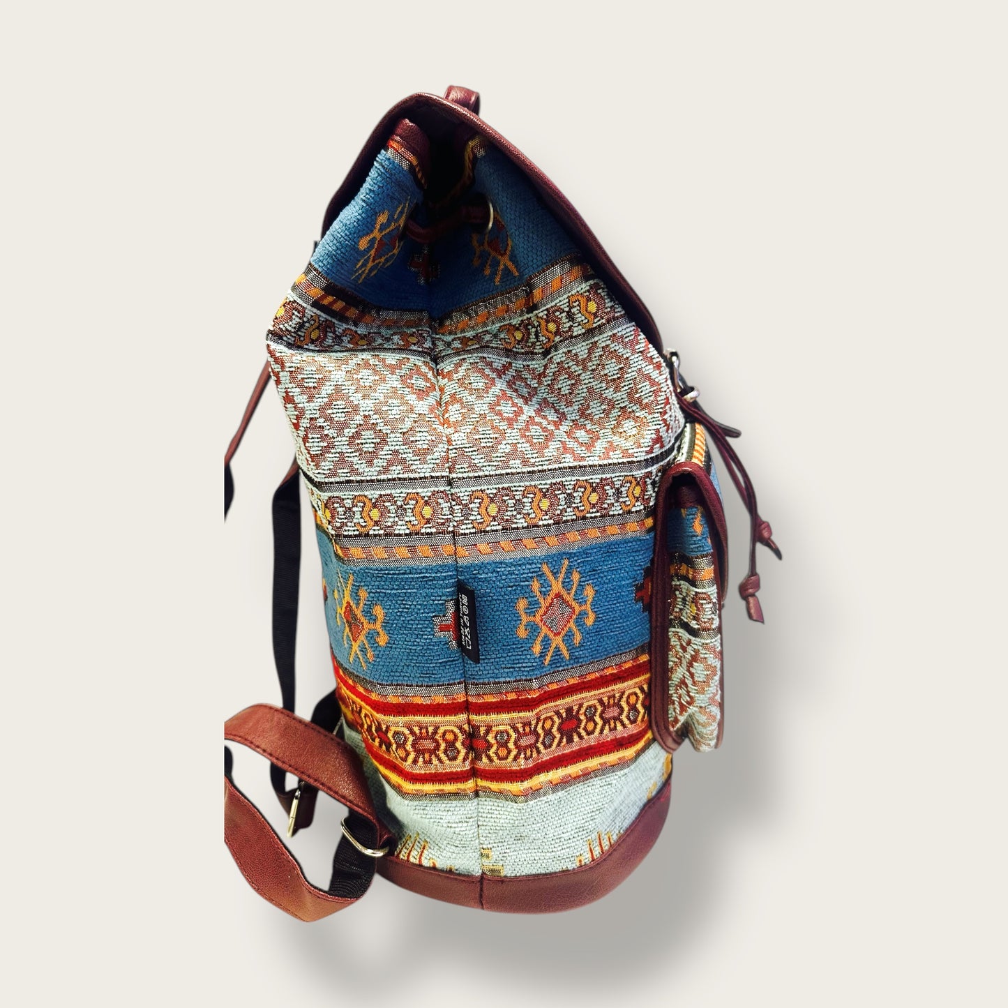 Handwoven Ethnic Backpack – Traditional Patterned Fabric with Leather Accents