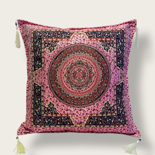 Handwoven Ethnic Throw Pillow – Traditional Ornamental Design with Tassel Accents