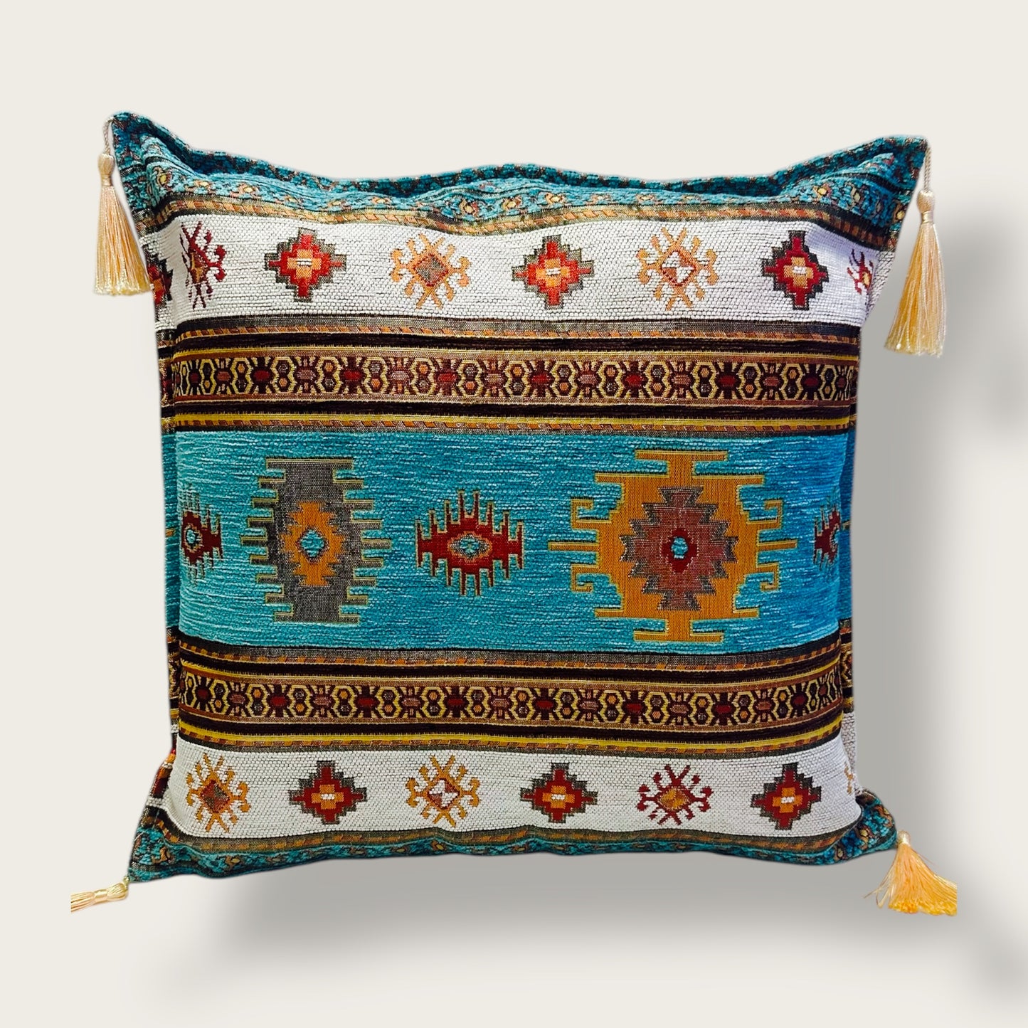 Handwoven Ethnic Throw Pillow – Anatolian Kilim-Inspired Design with Tassel Accents