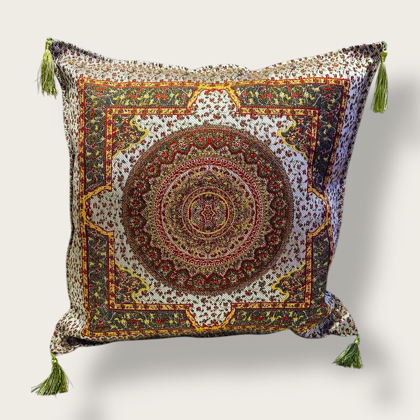 Handwoven Ethnic Throw Pillow – Traditional Ornamental Design with Tassel Accents