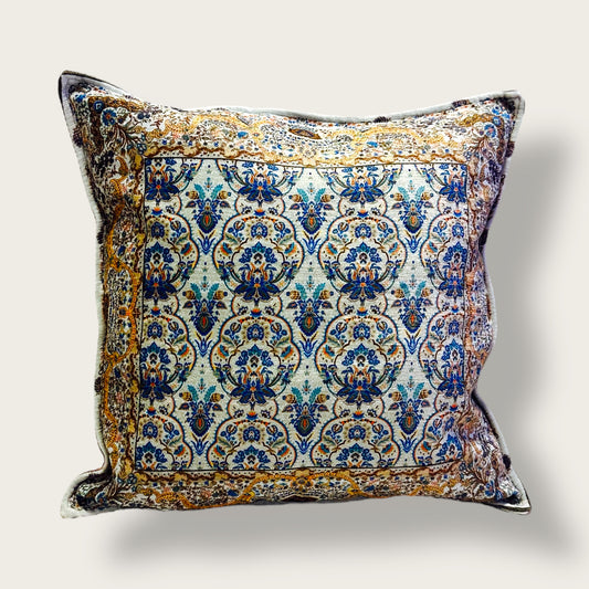 Handwoven Ethnic Throw Pillow – Persian Tile-Inspired Floral Design