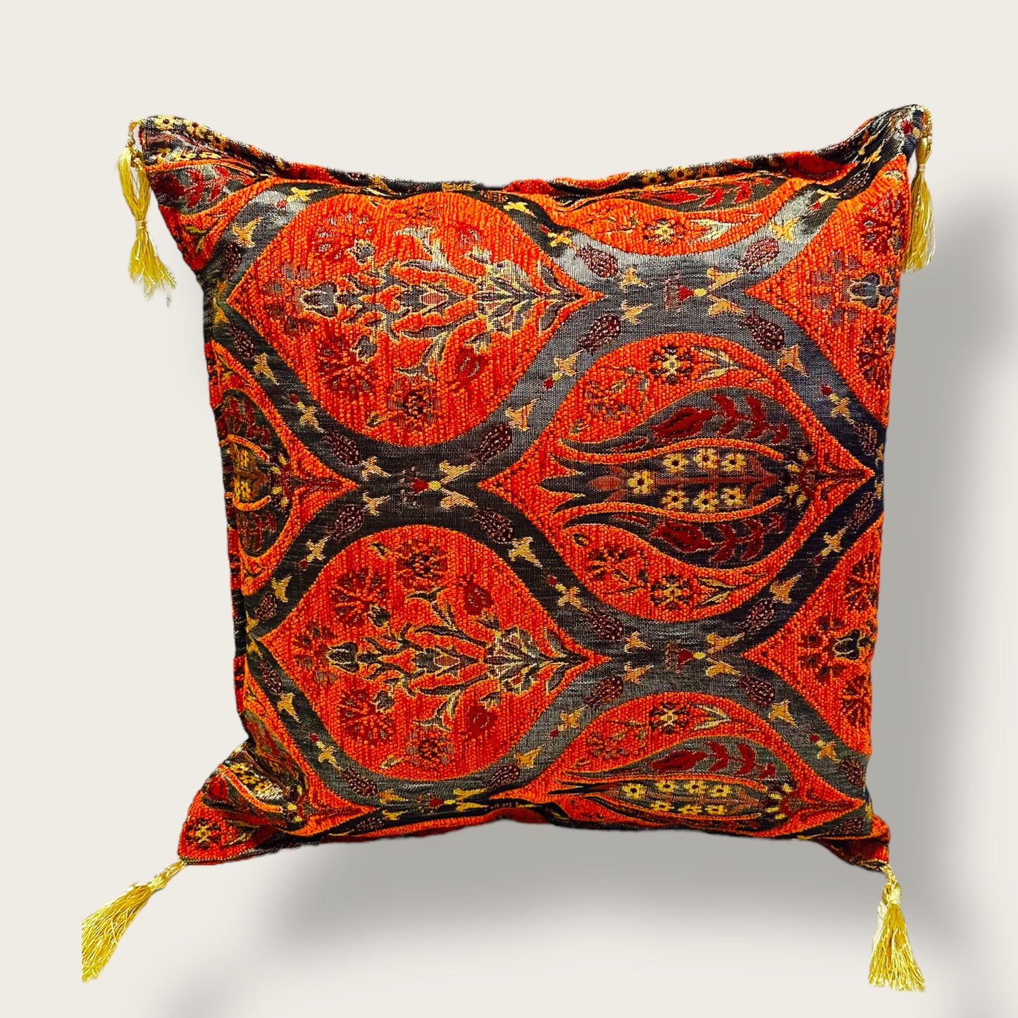 Handwoven Ethnic Throw Pillow – Ottoman Tulip Motif with Tassel Accents