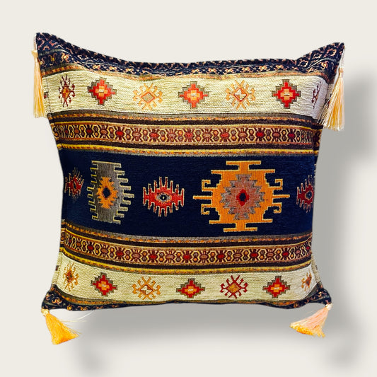 Handwoven Ethnic Throw Pillow – Anatolian Kilim-Inspired Design with Tassel Accents